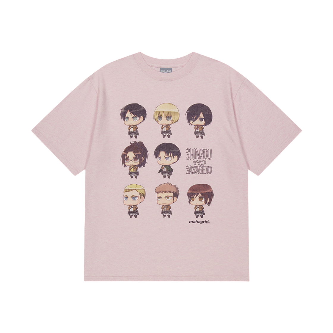 마하그리드 x 진격의 거인 사사게요 캐릭터 티셔츠 핑크(Mahagrid x Attack On Titan Sasageyo Character T-Shirt Pink)