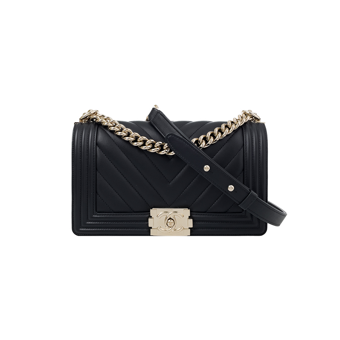 ITNJL7IBRN7A Chanel 23C Boy Bag Chevron Medium Black Champagne Gold Lambskin