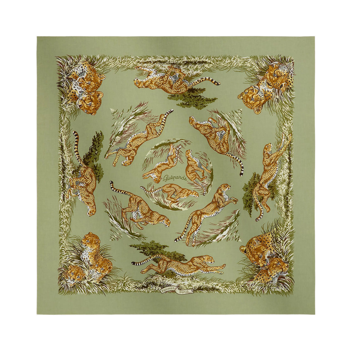H411920S02 (W) Hermes Guepards Scarf 80 Kaki Gold Blanc