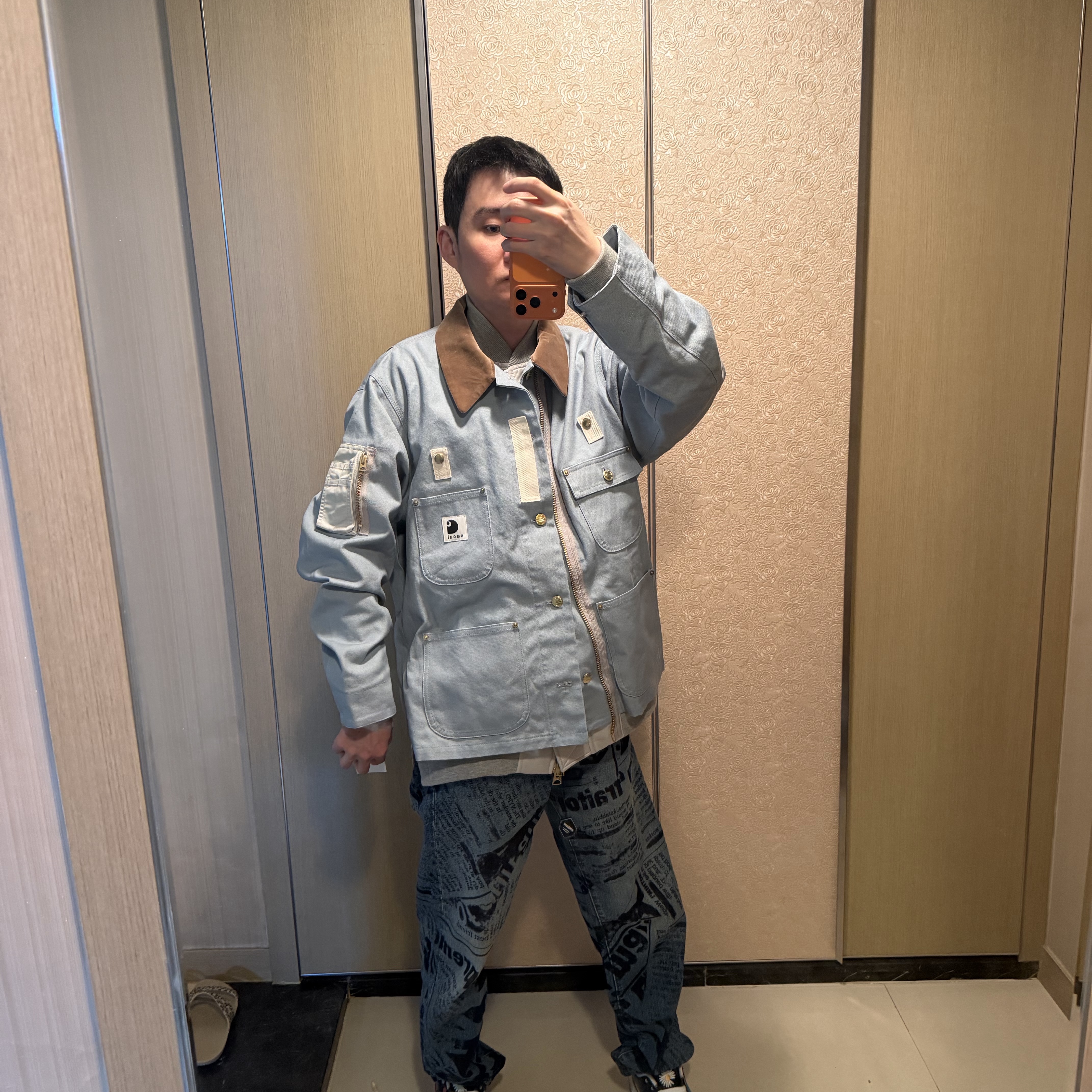 Sacai x Carhartt WIP Canvas MA-1 Jacket Michigan Light Blue 착용 스타일 - 2