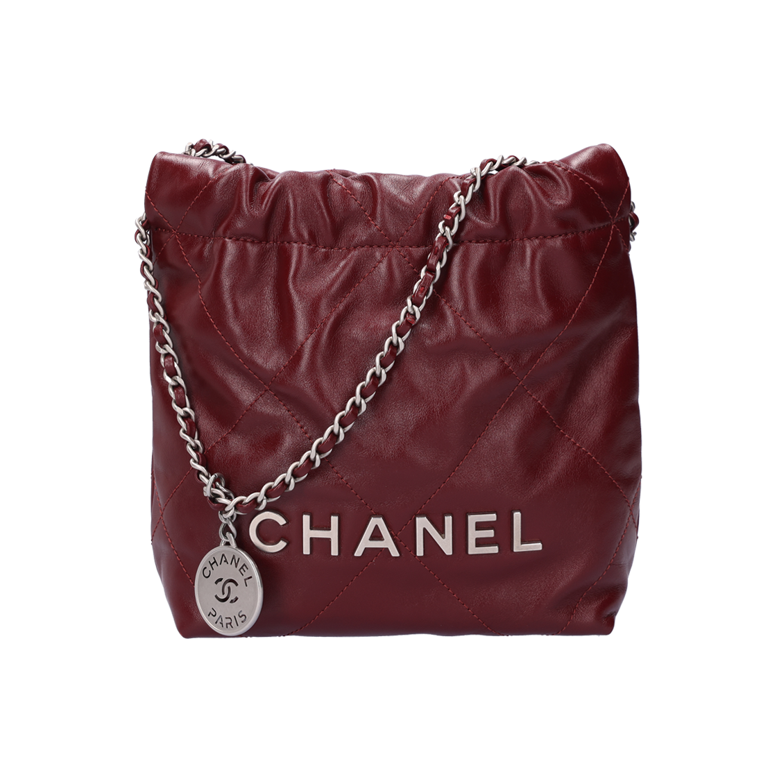 ITLIBIAJVIOU Chanel 22 Mini Handbag Shiny Calfskin & Burgundy Silver Metal