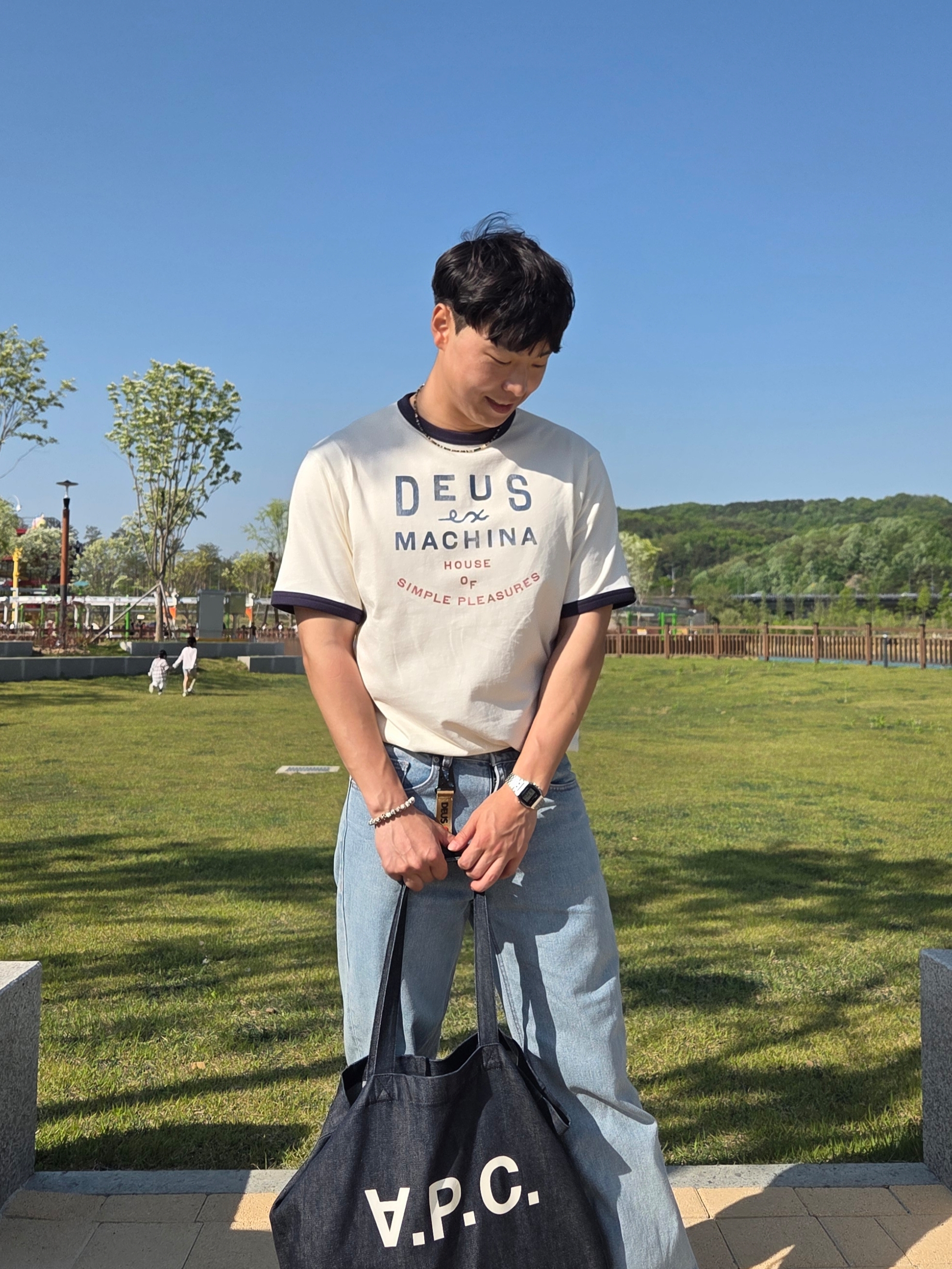 Deus Ex Machina House of Simple Pleasures Ringer T-Shirt Ivory, Musinsa Standard Straight Denim Pants Light Indigo 착용 스타일 - 2