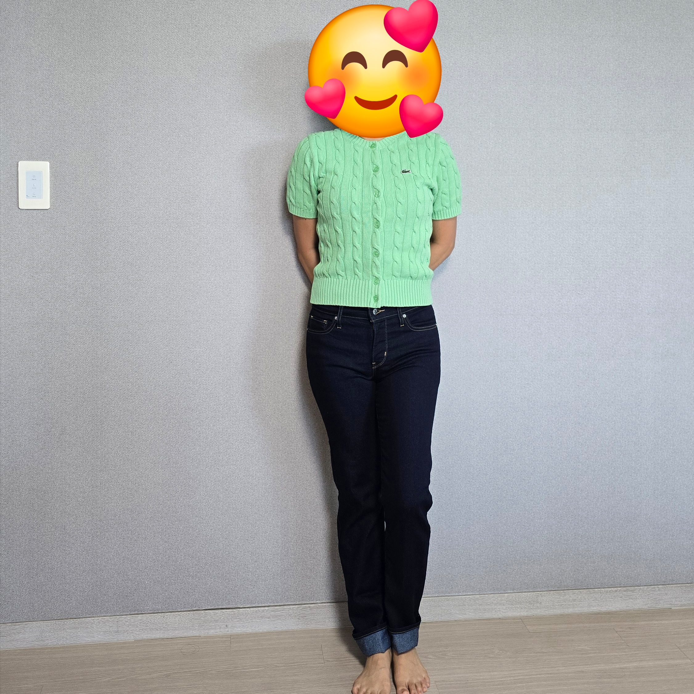 (W) Lacoste Cable Short Sleeve Cardigan Apple Green 착용 스타일