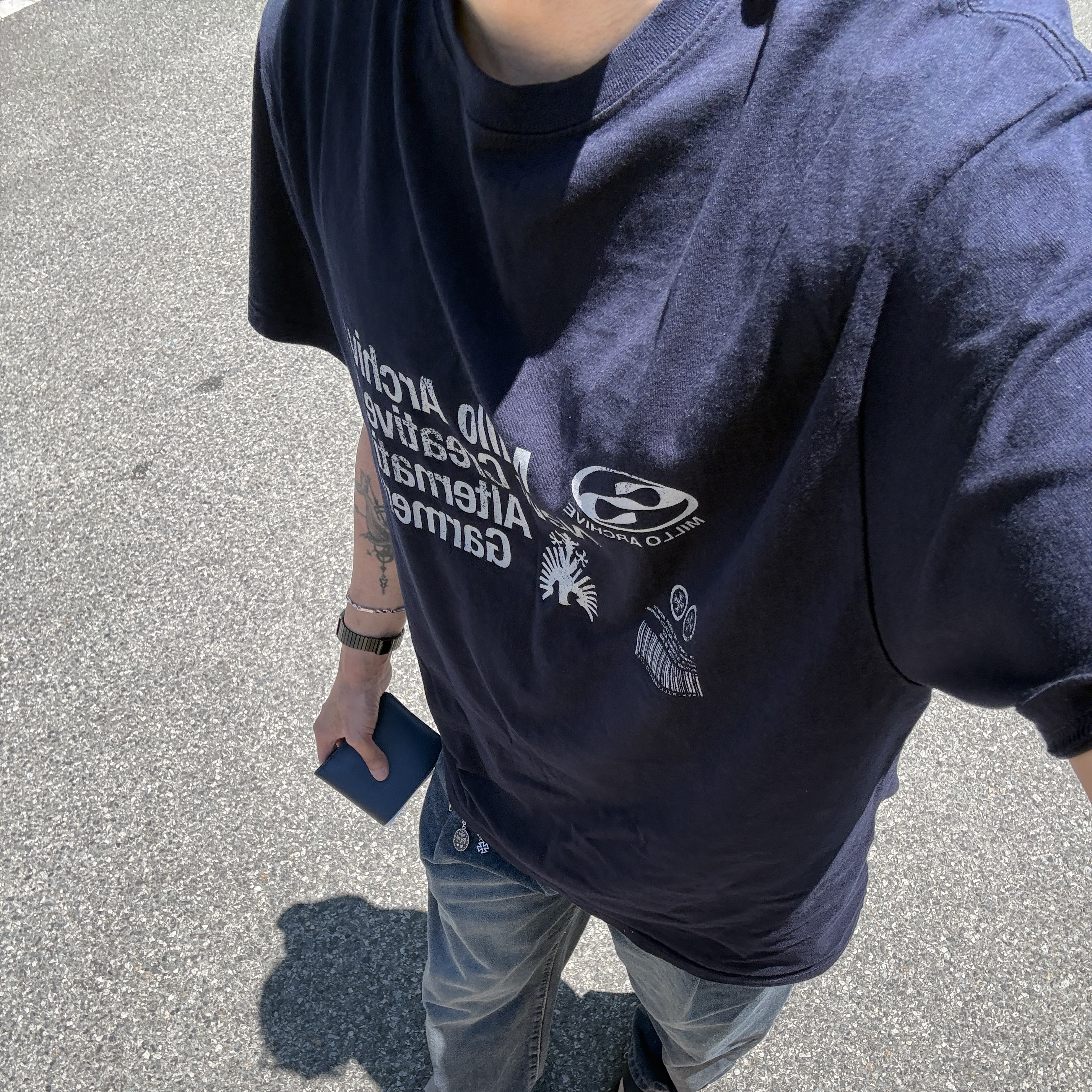 Millo Archive Oblique T-Shirts Deep Navy, Riomeu Square Chain Bracelet 2mm 착용 스타일 - 2