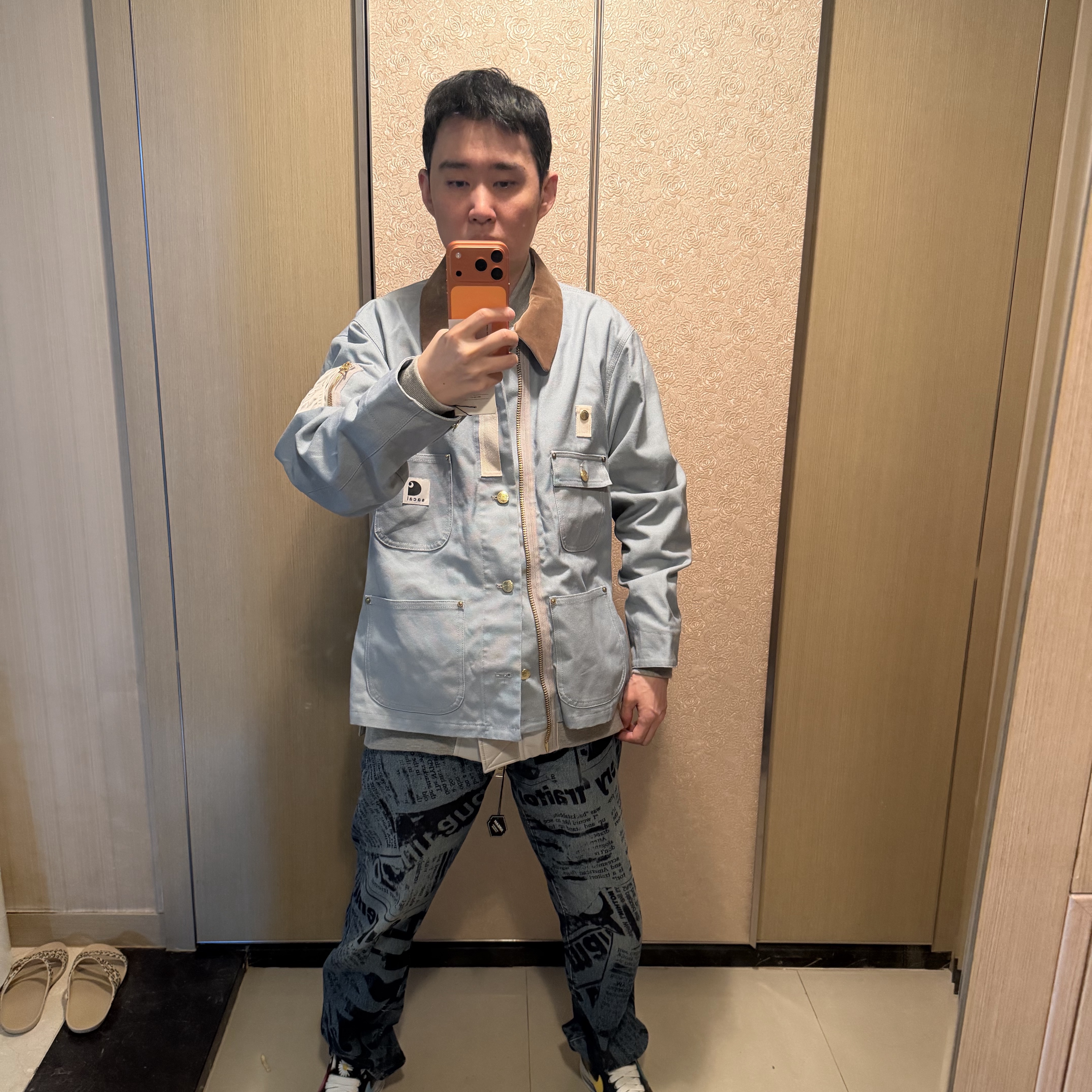 Sacai x Carhartt WIP Canvas MA-1 Jacket Michigan Light Blue 착용 스타일 - 3