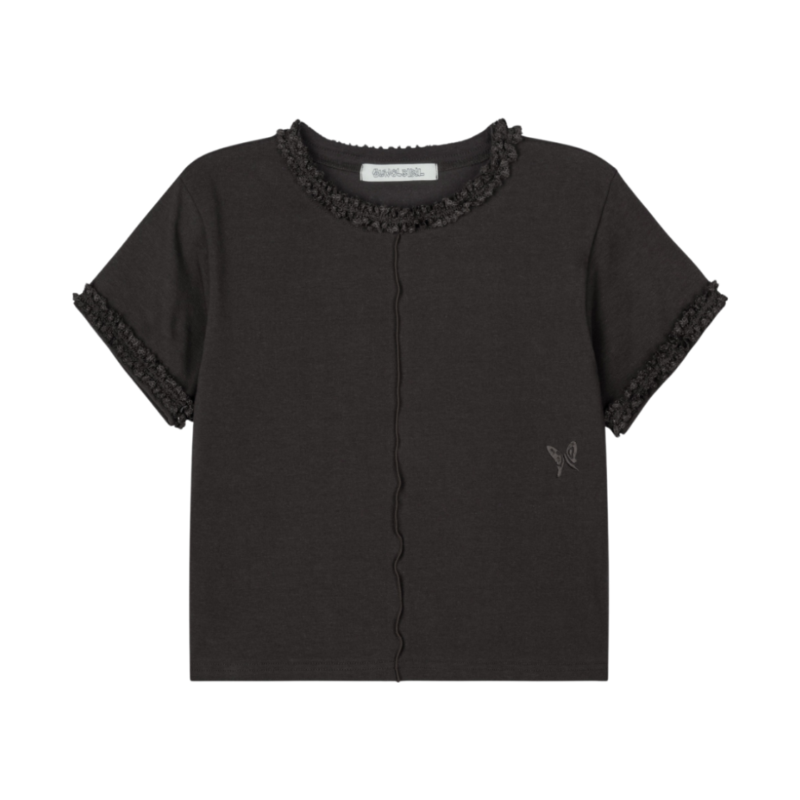구월십일 레이스 세미 크롭 반팔 티셔츠 다크브라운(GUWOLSIBIL Lace Semi Crop Top Dark Brown)
