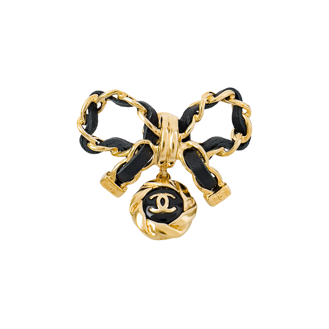 ITECFDHNJBBO Chanel 22A Chain Ribbon Brooch in Black Gold Accents