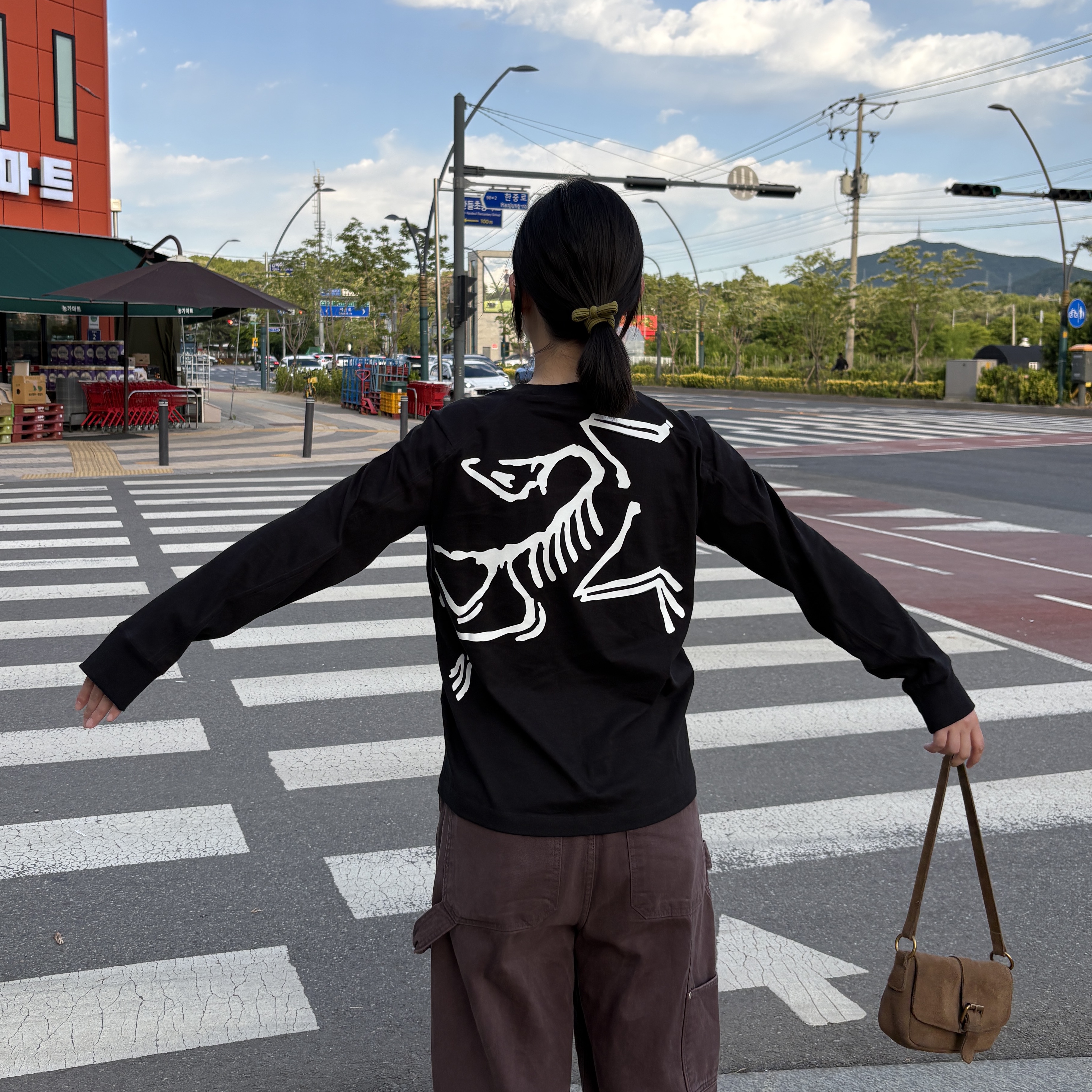 (W) Arc'teryx Kragg Cotton Bird Crew Neck LS T-Shirt Black White 착용 스타일