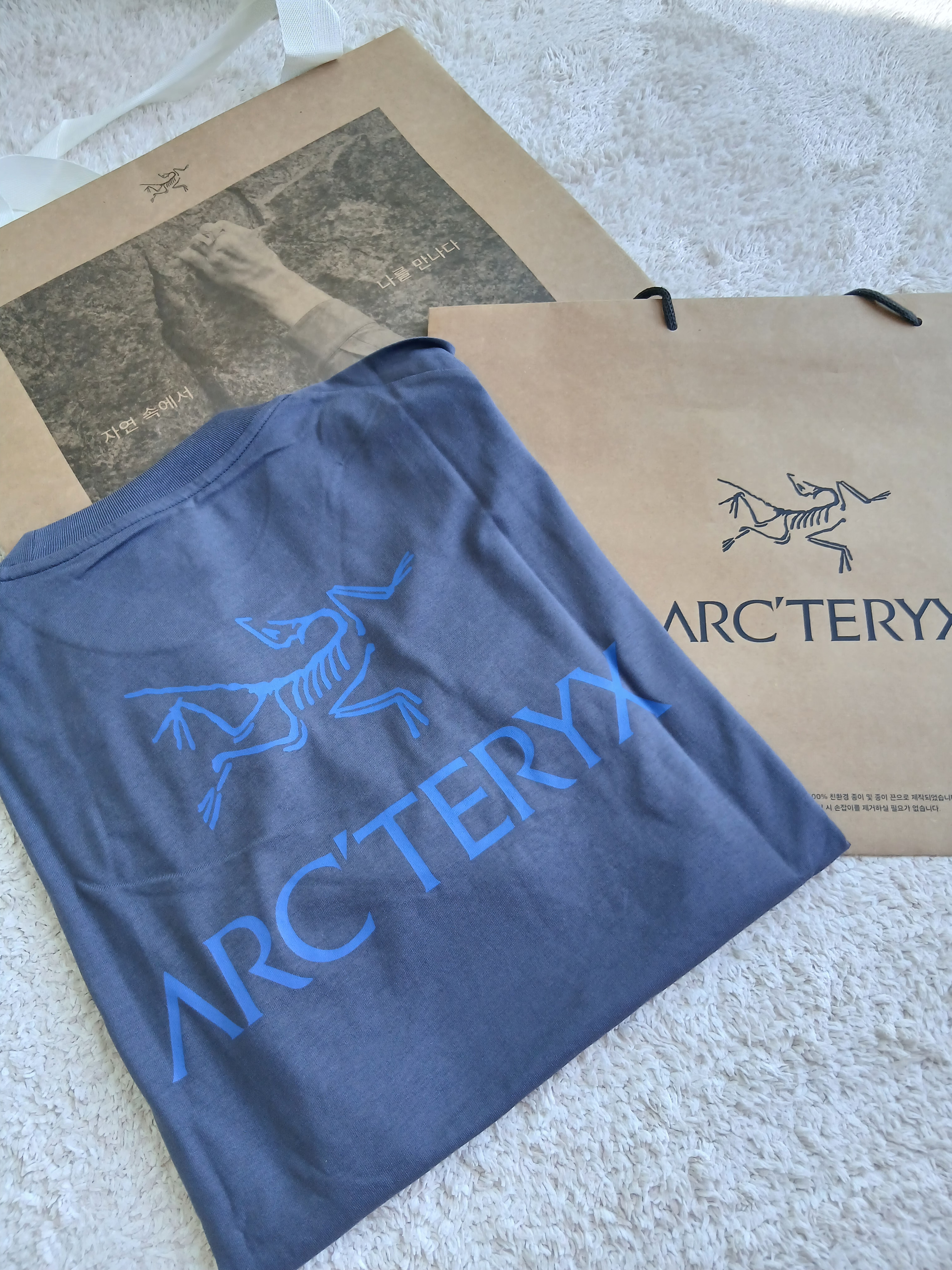Arc'teryx Kragg SL Cotton Bird Word SS T-Shirt Dk Stratus Fluidity 착용 스타일 - 1