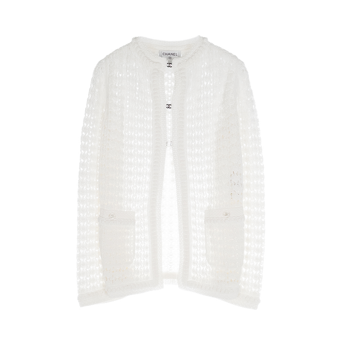 샤넬 26C CC로고 후크 크로쉐 가디건 36 화이트 (6ET0772)(Chanel 26C CC Logo Hook Crochet Cardigan White 6ET0772)