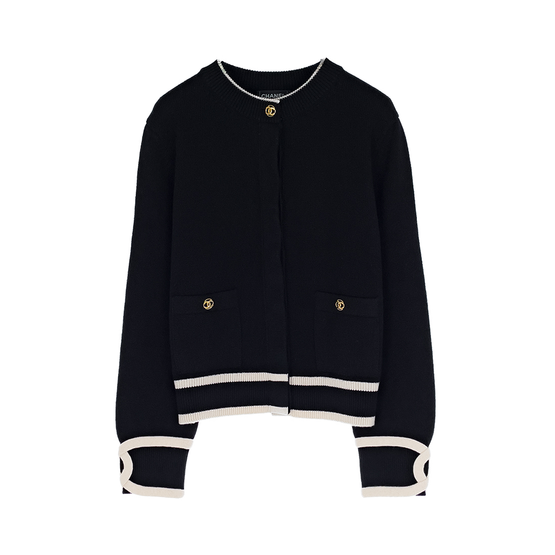 샤넬 26S 투포켓 캐시미어 라이닝 가디건 36 블랙 & 에크루 (6ET0773)(Chanel 26S Two-Pocket Cashmere Lined Cardigan Black & Ecru (6ET0773))