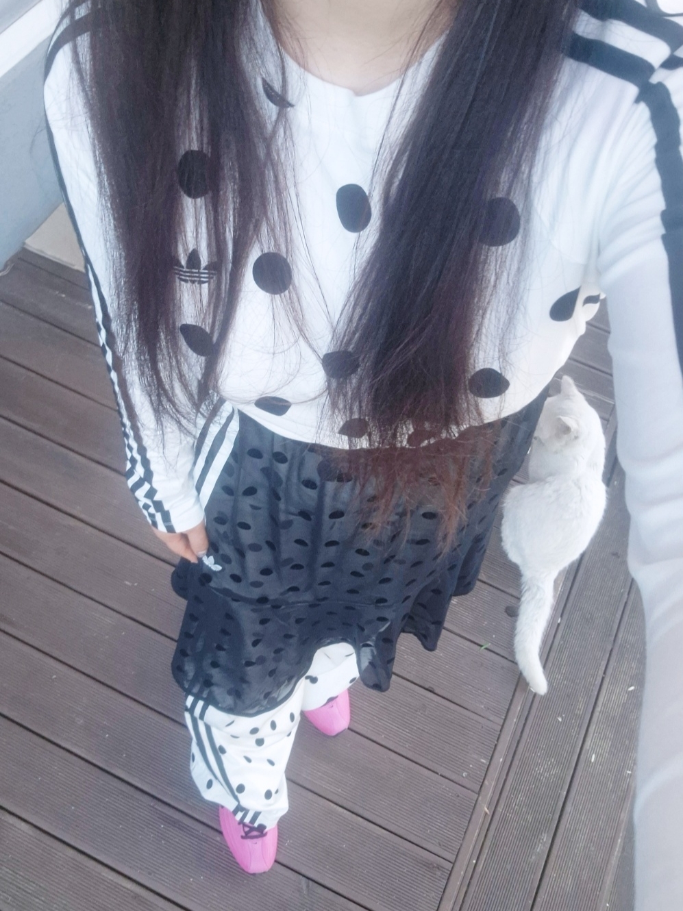 (W) Adidas Originals Polka Dot Slim Long Sleeve Top Off White - KR Sizing, (W) Adidas Originals Satin Polka Dot Wide Leg Pants Off White - KR Sizing 착용 스타일