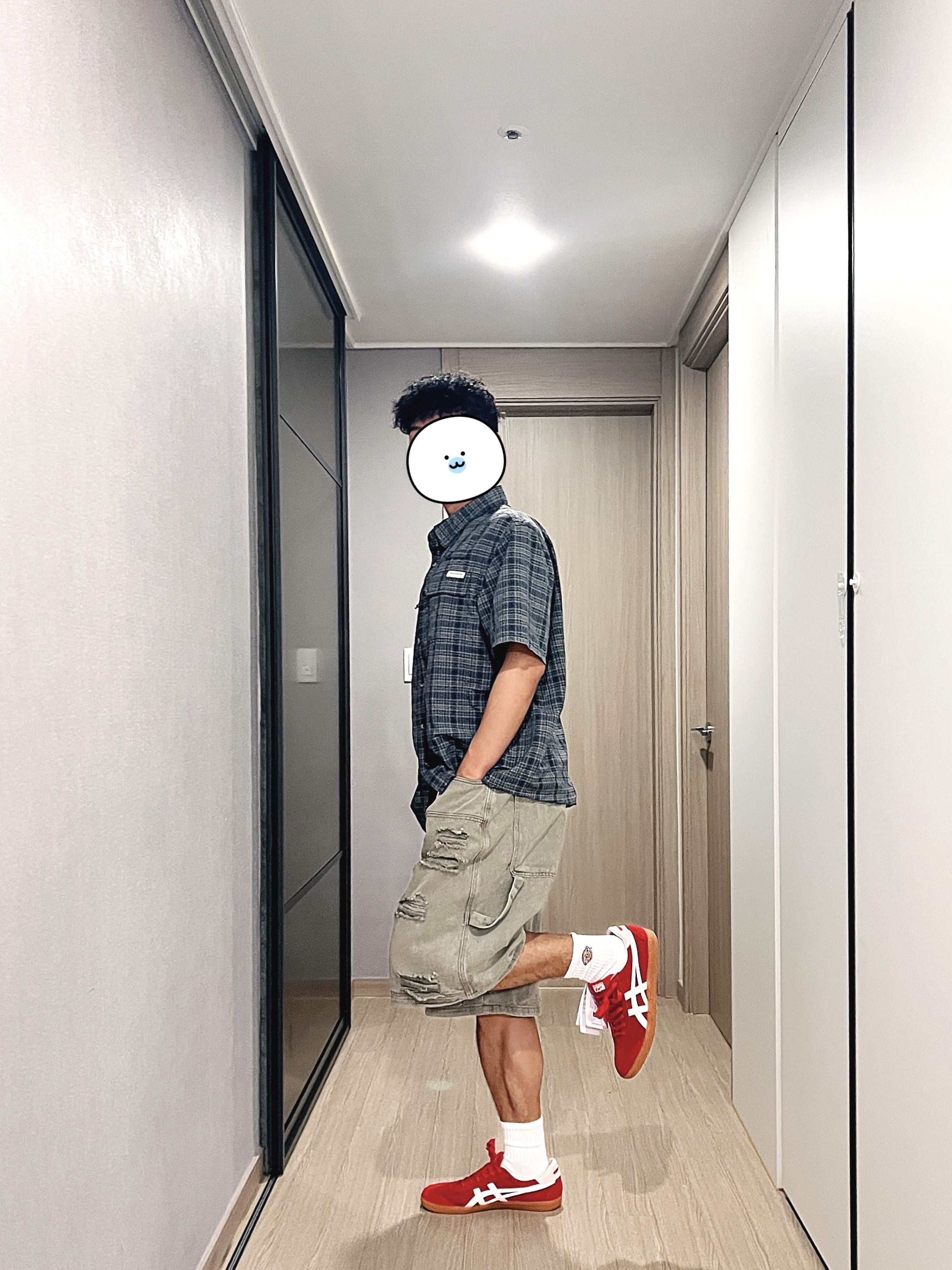 Onitsuka Tiger Tokuten Fiery Red Cream, Thisisneverthat Plaid S/S Fishing Shirt Sage 착용 스타일 - 2
