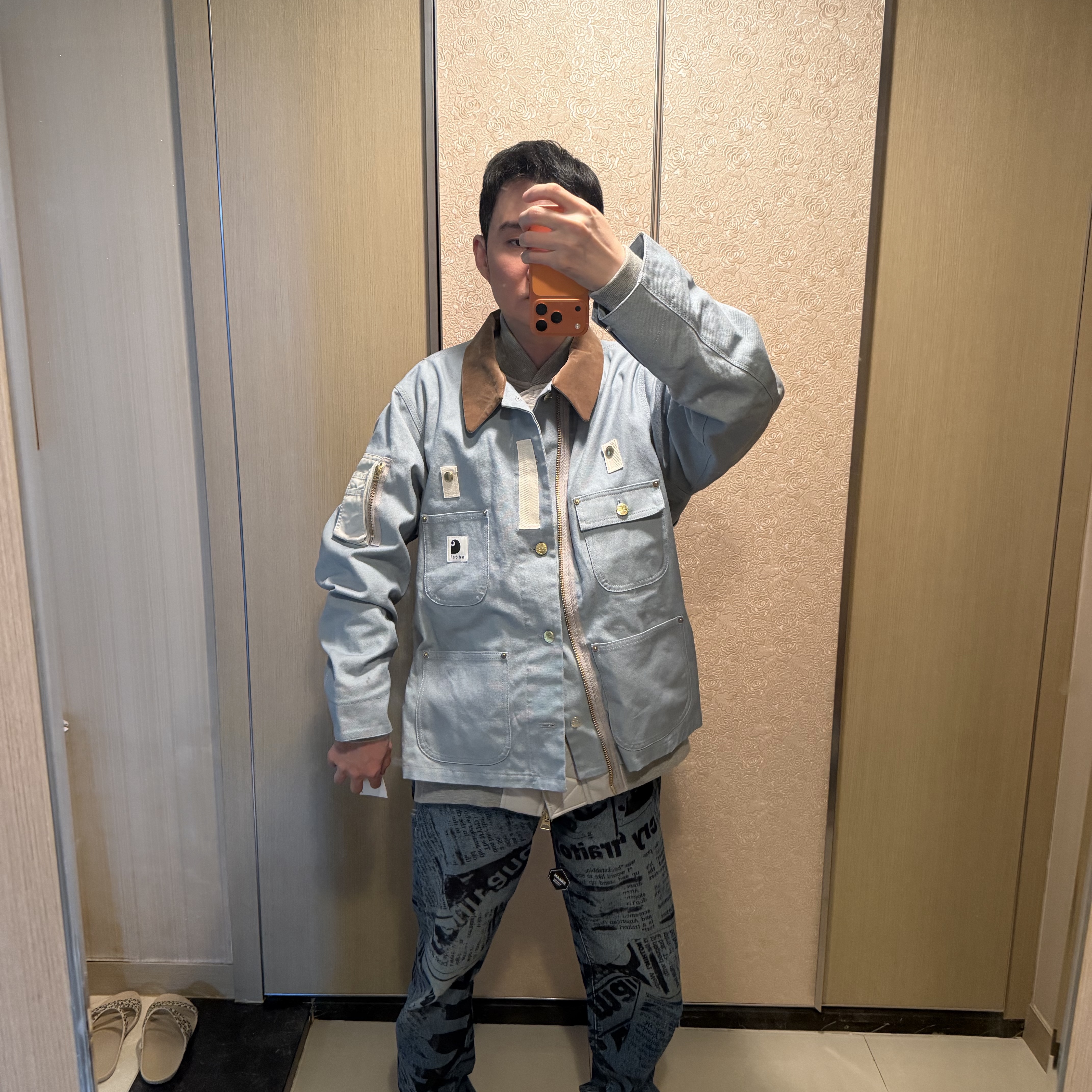 Sacai x Carhartt WIP Canvas MA-1 Jacket Michigan Light Blue 착용 스타일 - 1