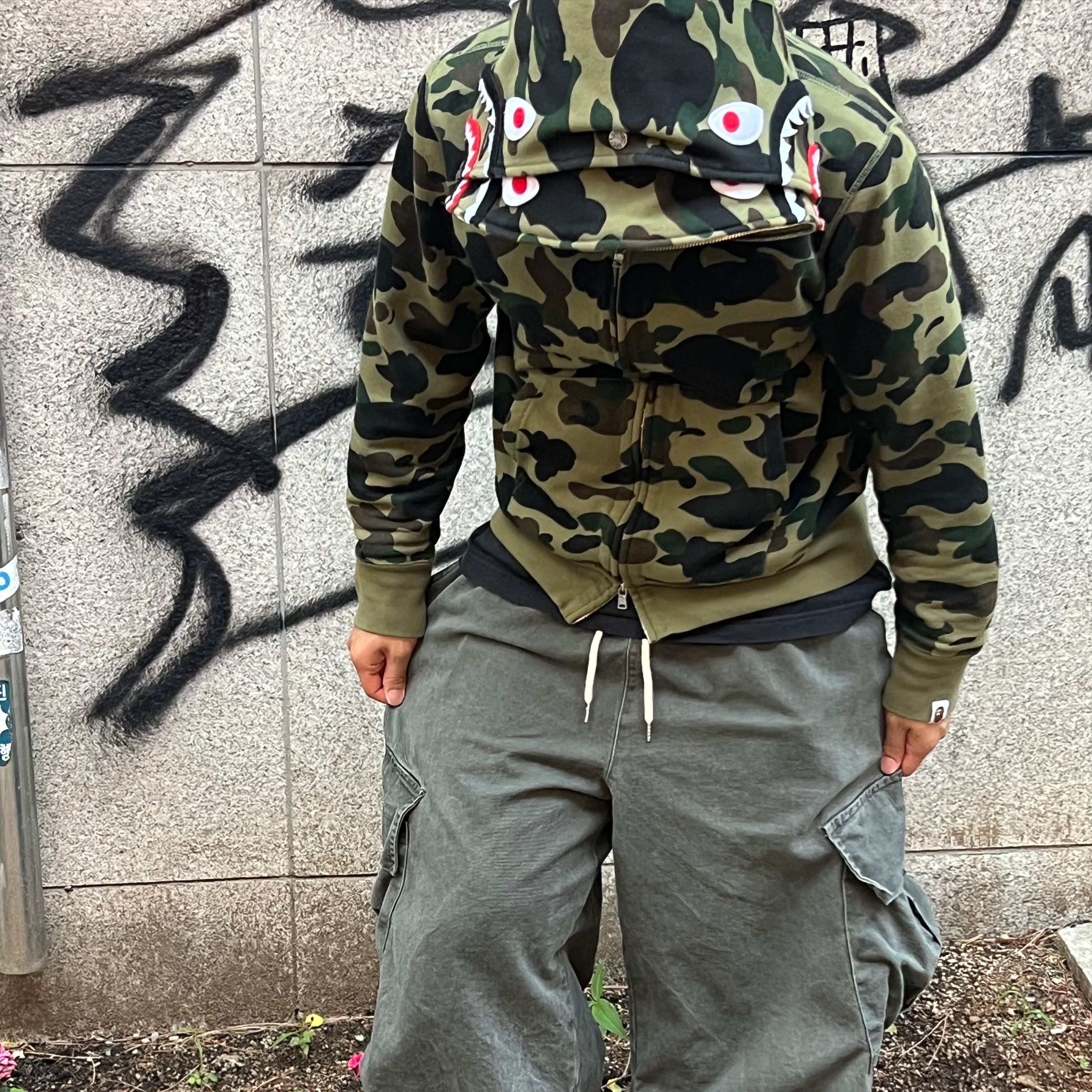 BAPE 1st Camo Shark Full Zip Hoodie Army Green, BAPE 1st Camo Shark Full Zip Double Hoodie Green 착용 스타일 - 5