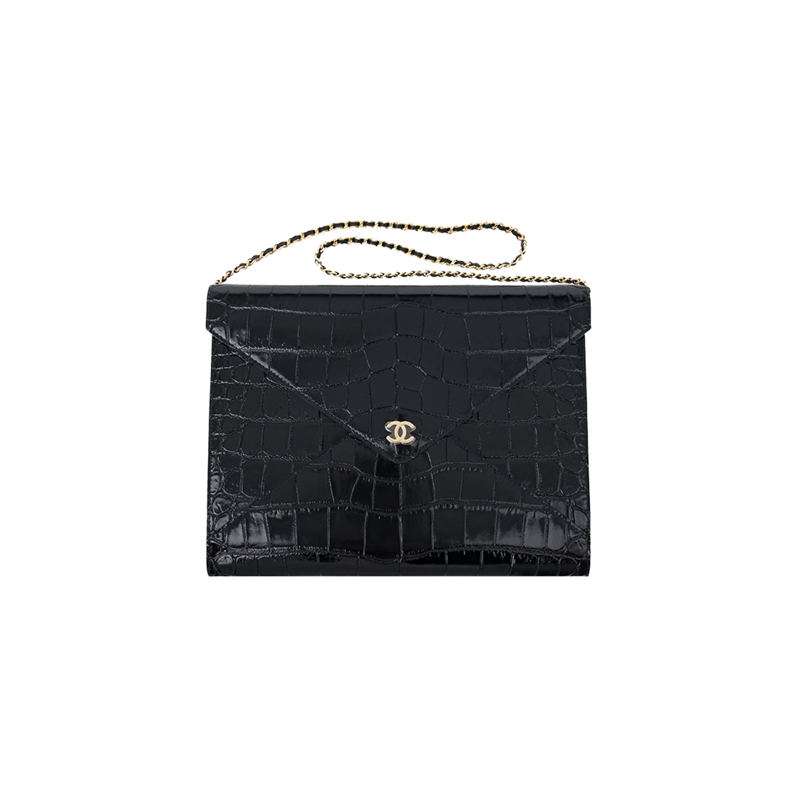 샤넬 26S 크로커 CC로고 체인 클러치 블랙 금장 카프스킨 (6ET0819)(Chanel 26S Croc-Embossed CC Logo Chain Clutch in Black Gold Hardware) - 1