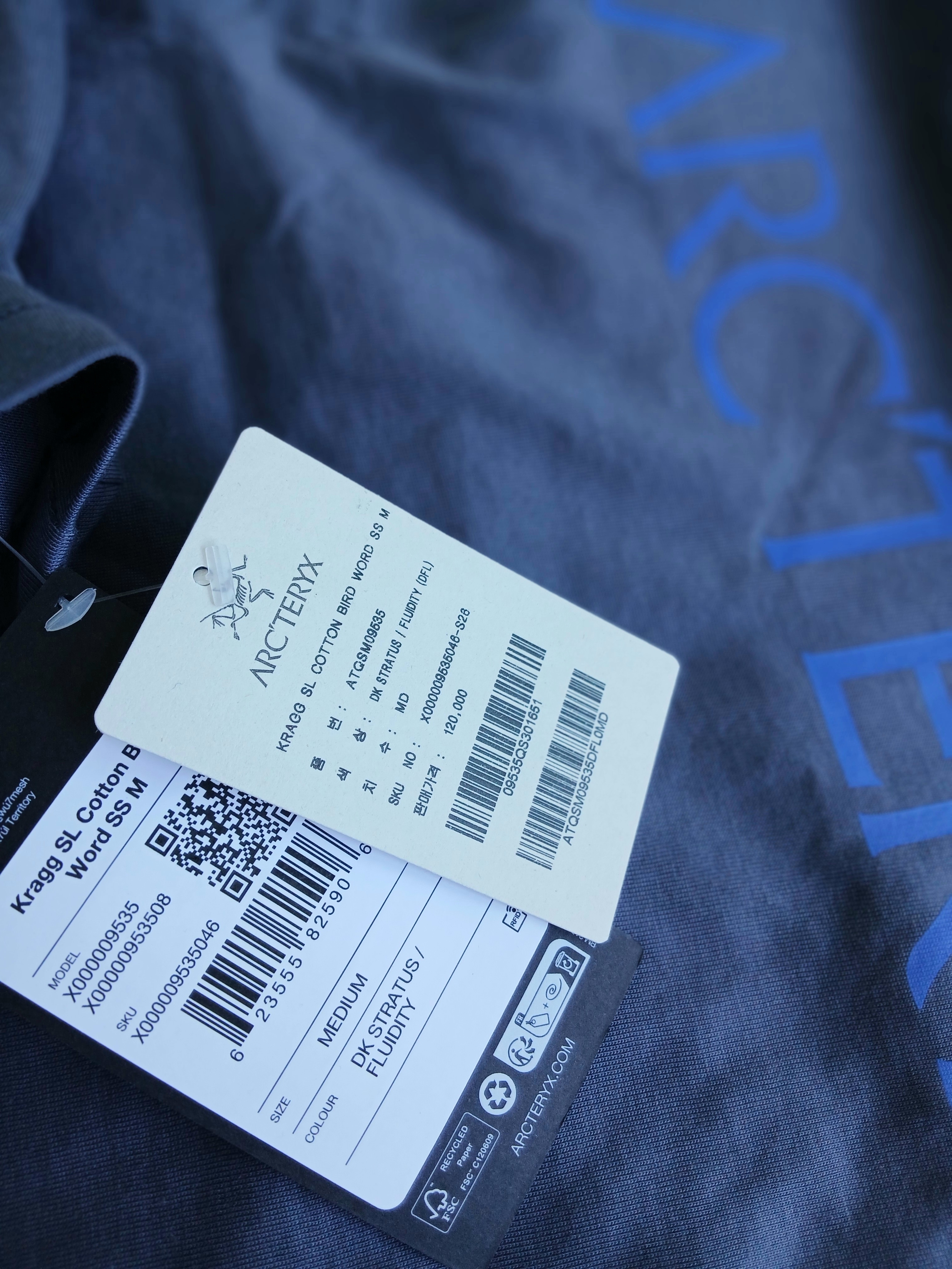 Arc'teryx Kragg SL Cotton Bird Word SS T-Shirt Dk Stratus Fluidity 착용 스타일 - 4