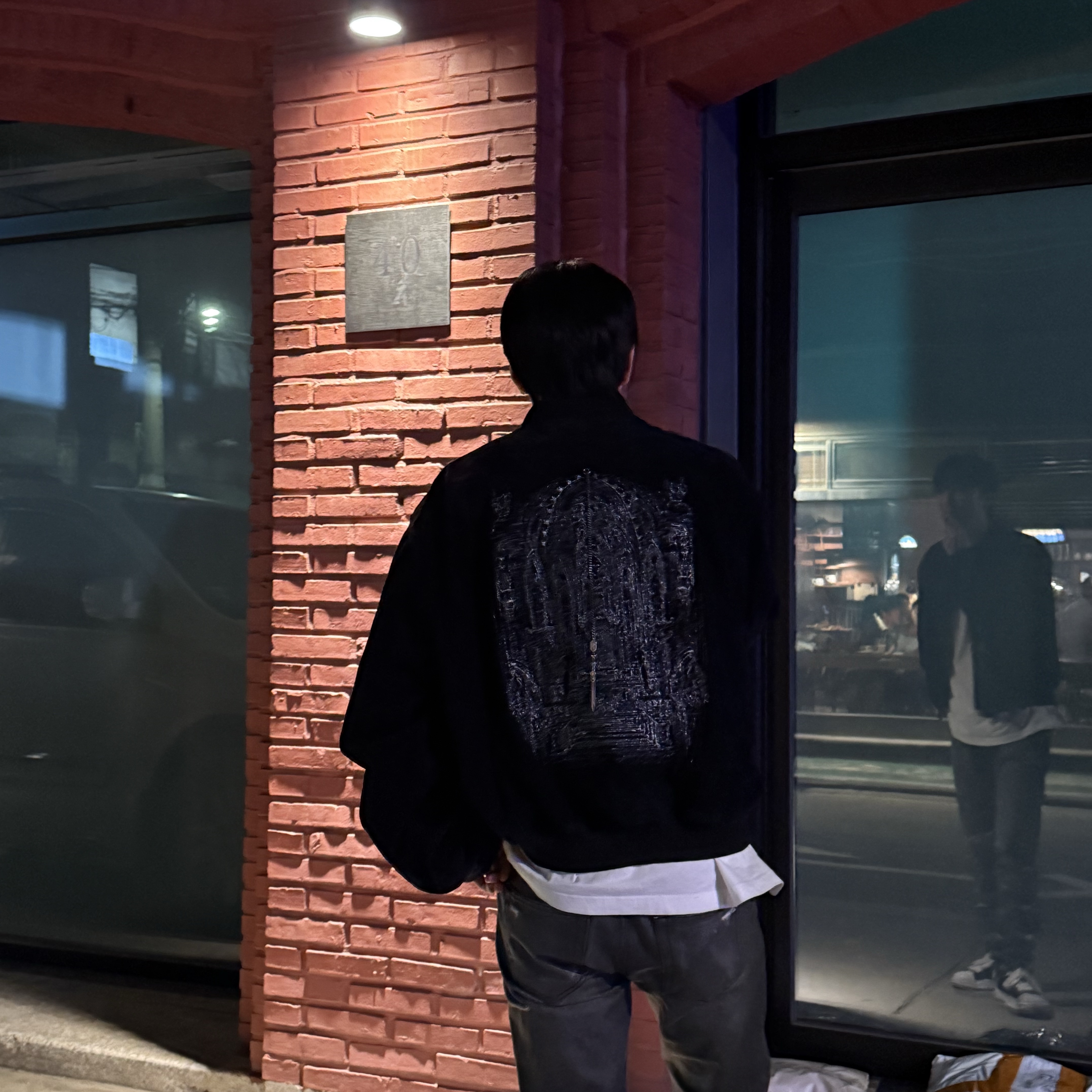 Undermycar Jeanne D'Arc Sword of Altar Embroidered Suede Blouson Navy, Undermycar Ecdysis Destroyed Wax Coating Jeans with Konic Section Obsidian - 22FW 착용 스타일 - 2
