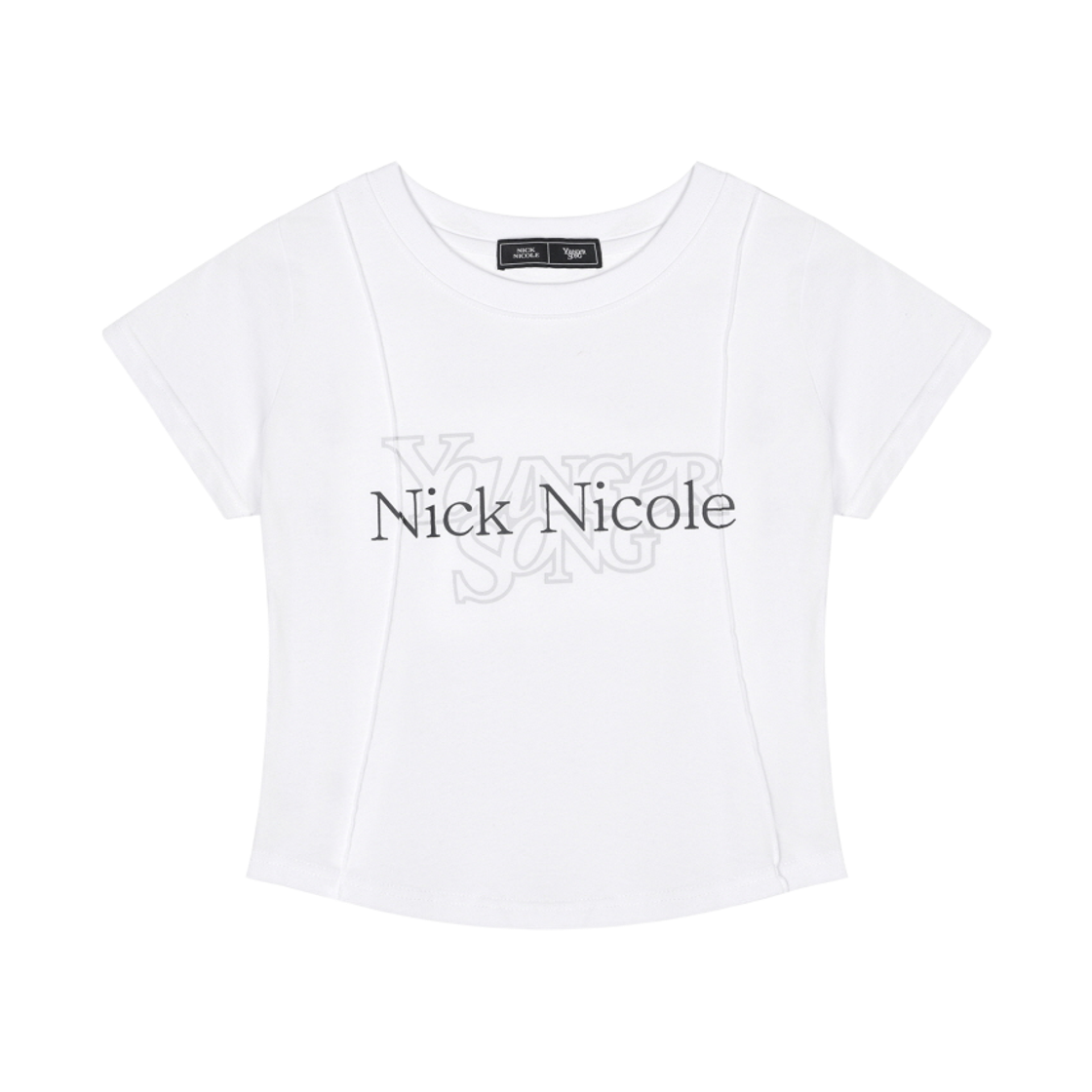 닉앤니콜 영거송 더블 로고 핀턱 슬림 탑 화이트 실버(NICK&NICOLE × YOUNGER SONG Double Logo Pintuck Slim Top White Silver)