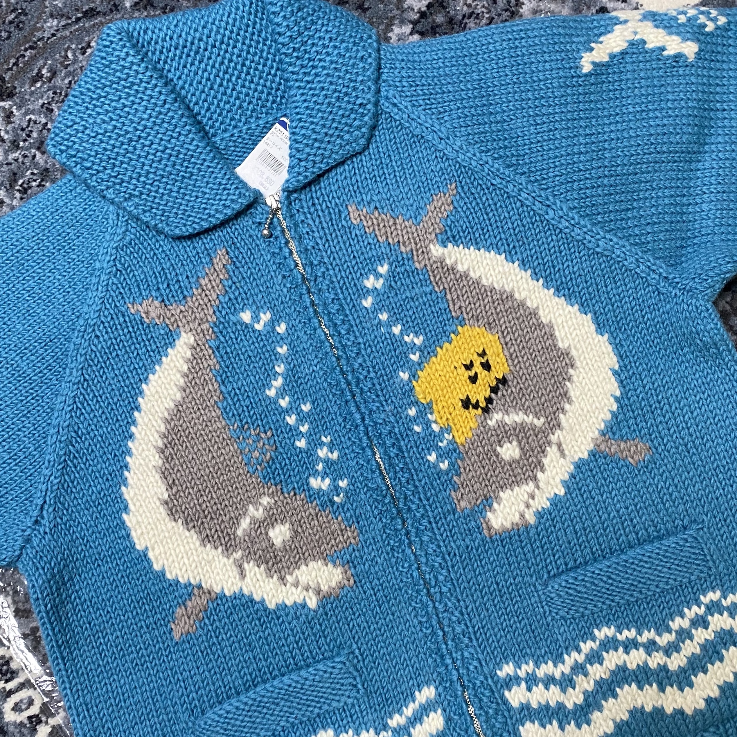Kapital Hand-Knitted Peckish Trout Zip Cardigan Turquoise 착용 스타일
