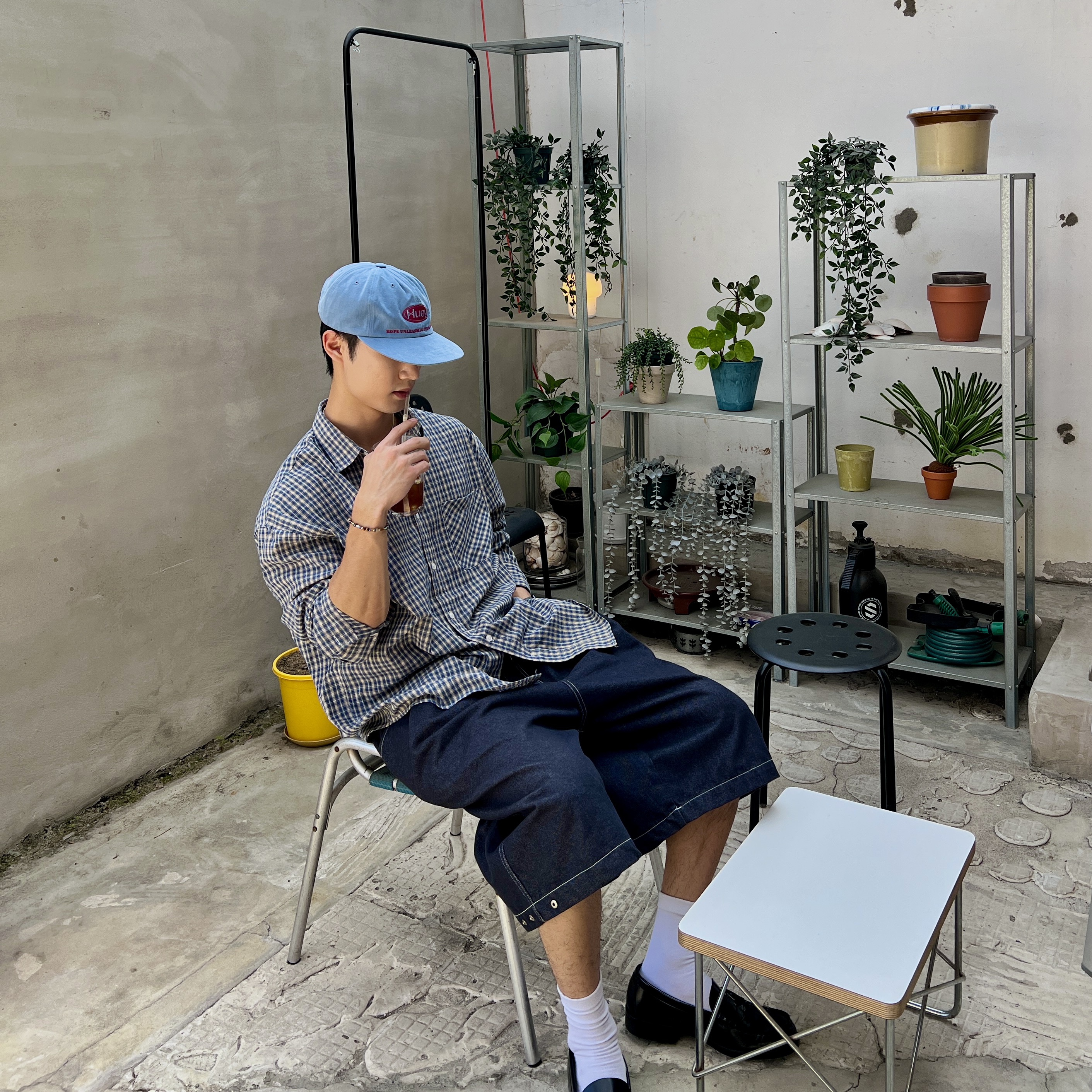 Huey Heritage Logo Cap Sky Blue, Haruta HS-906 Penny Loafer Black 착용 스타일