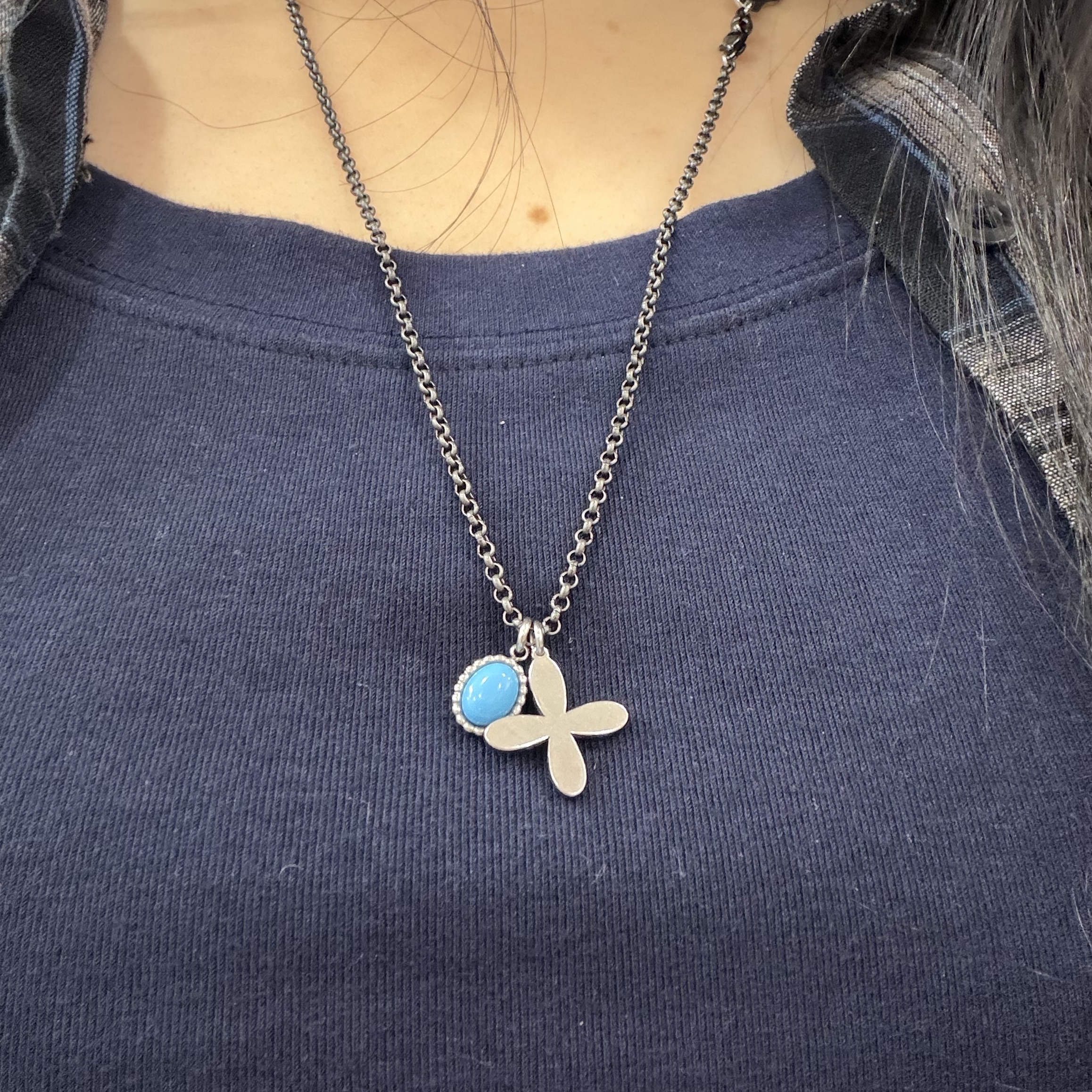 Riomeu Blue Turquoise Vintage Chain Necklace 착용 스타일