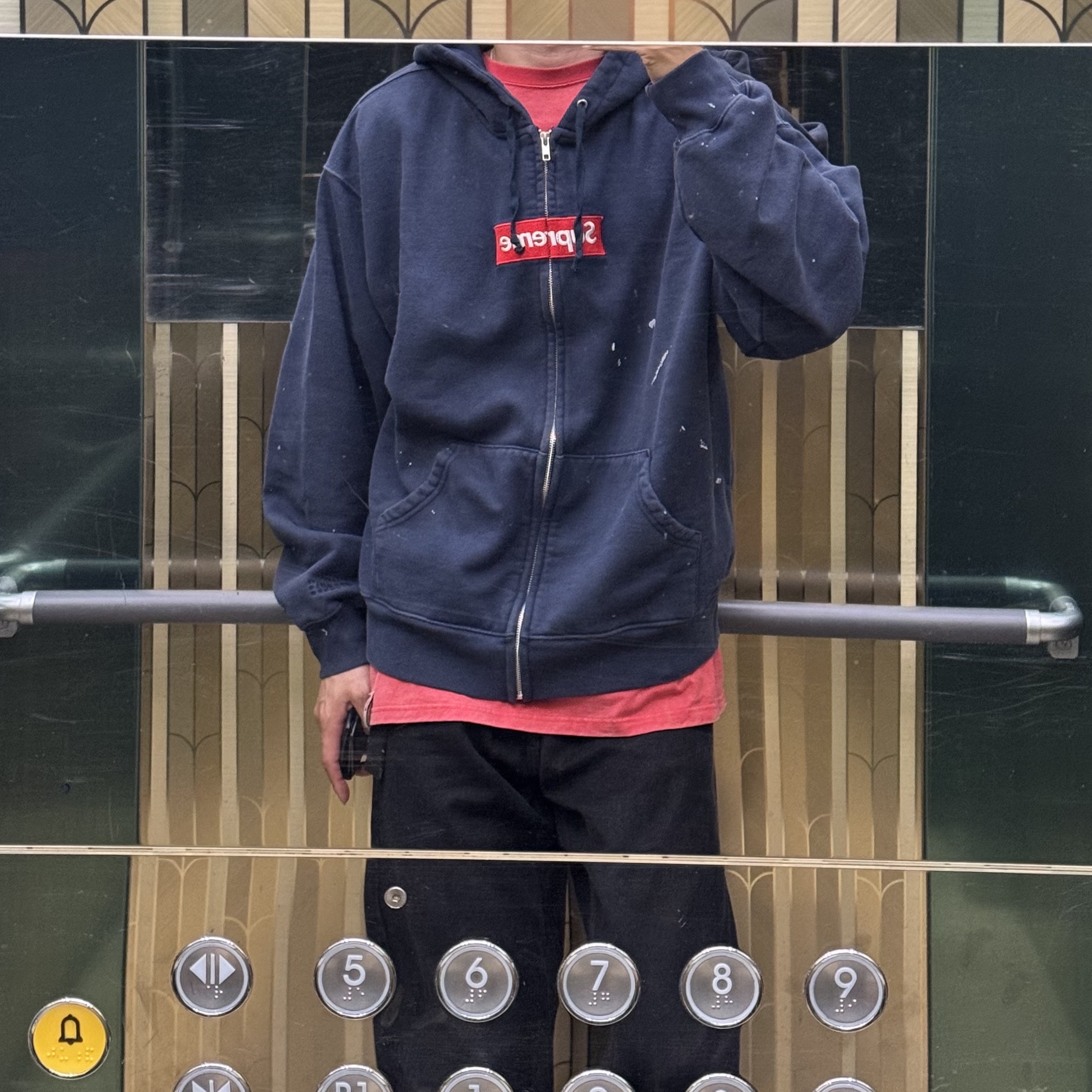 Supreme x MM6 Maison Margiela Box Logo Zip Up Hooded Sweatshirt Navy - 26SS 착용 스타일