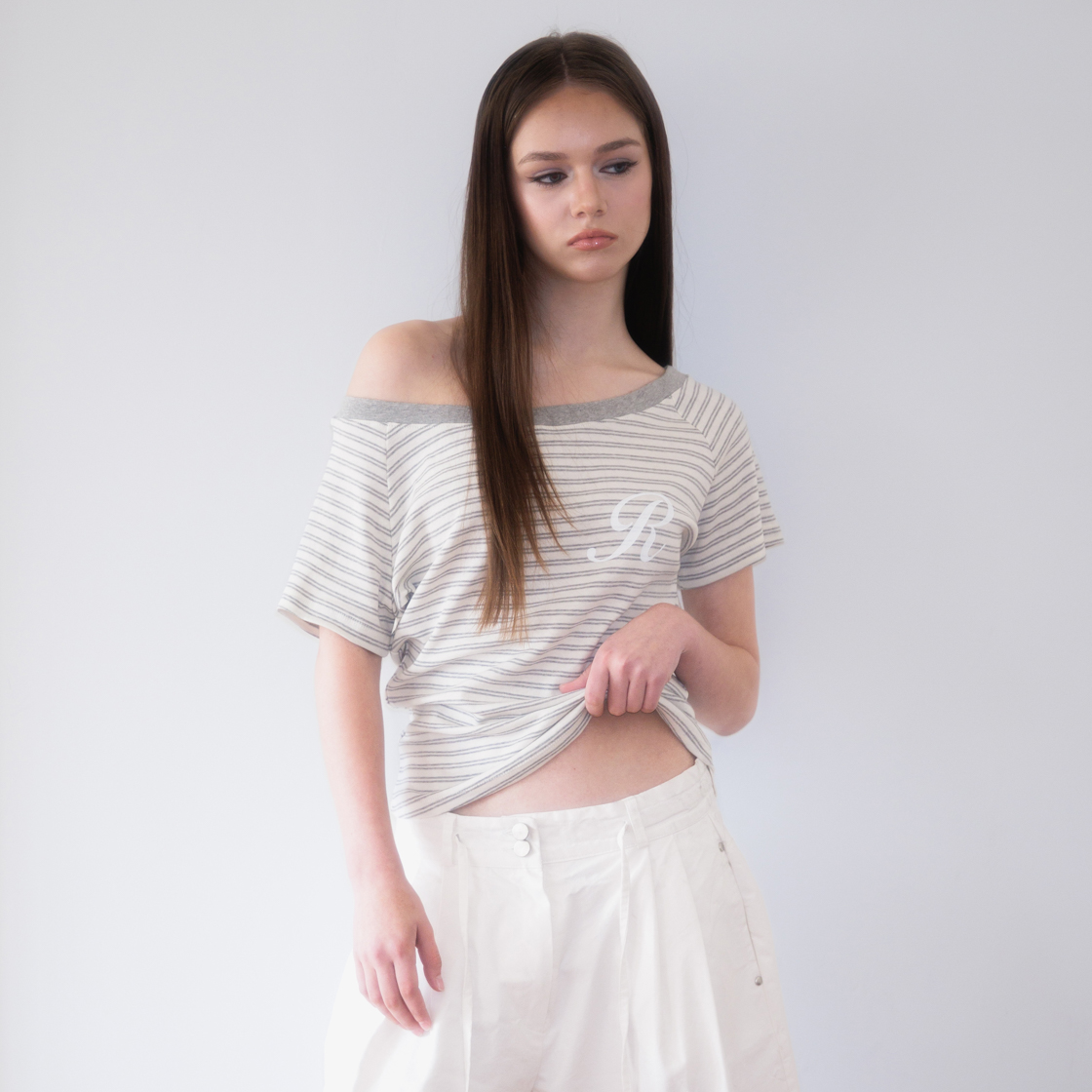 로제프란츠스트라이프 원숄더 티셔츠 그레이(Rosefrantz Stripe One-shoulder T-shirt [Gray]) - 6