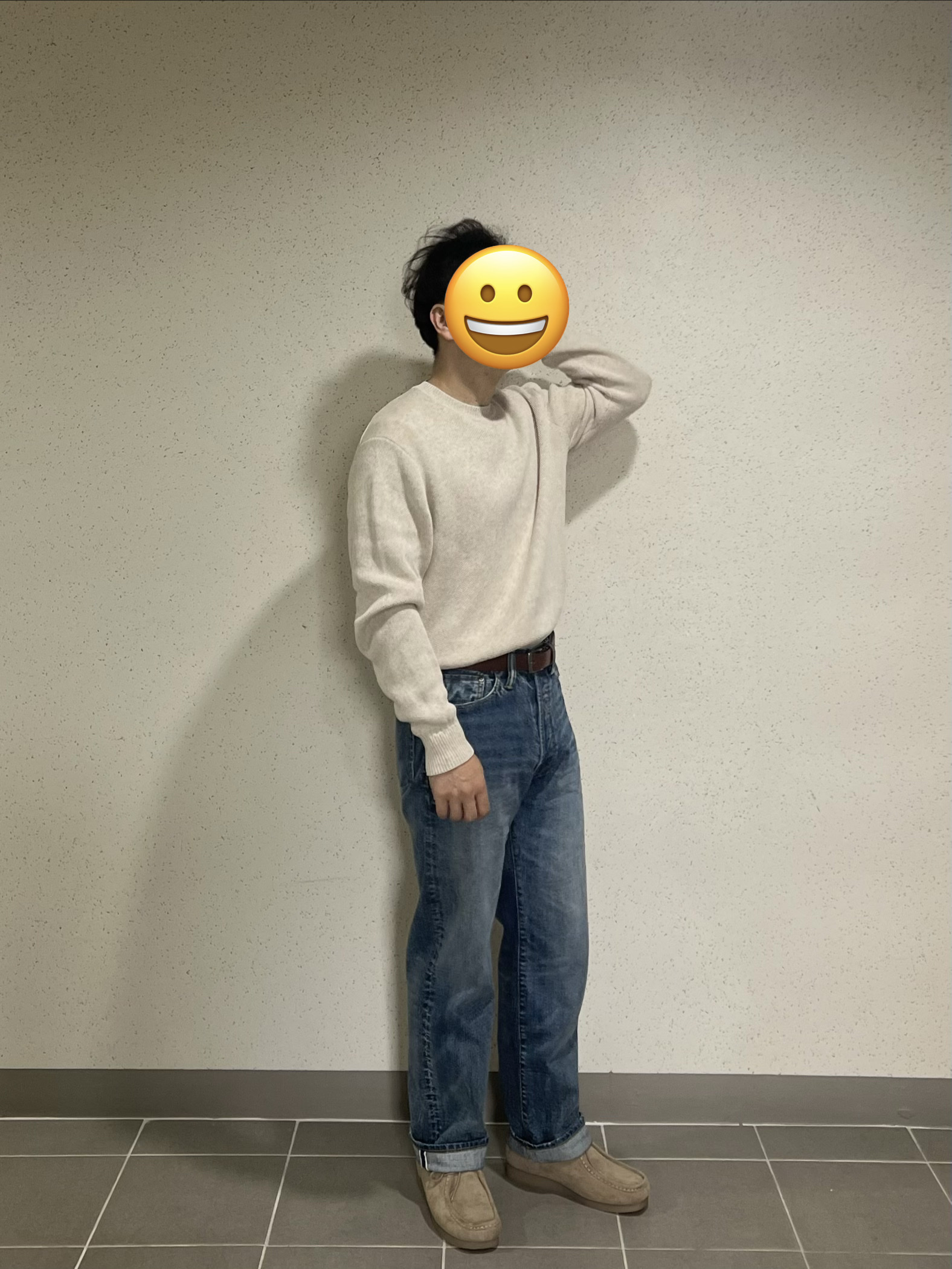 Outstanding 40S Selvedge Straight Pants Light Blue, GU Moccasin Shoes Beige 착용 스타일 - 2