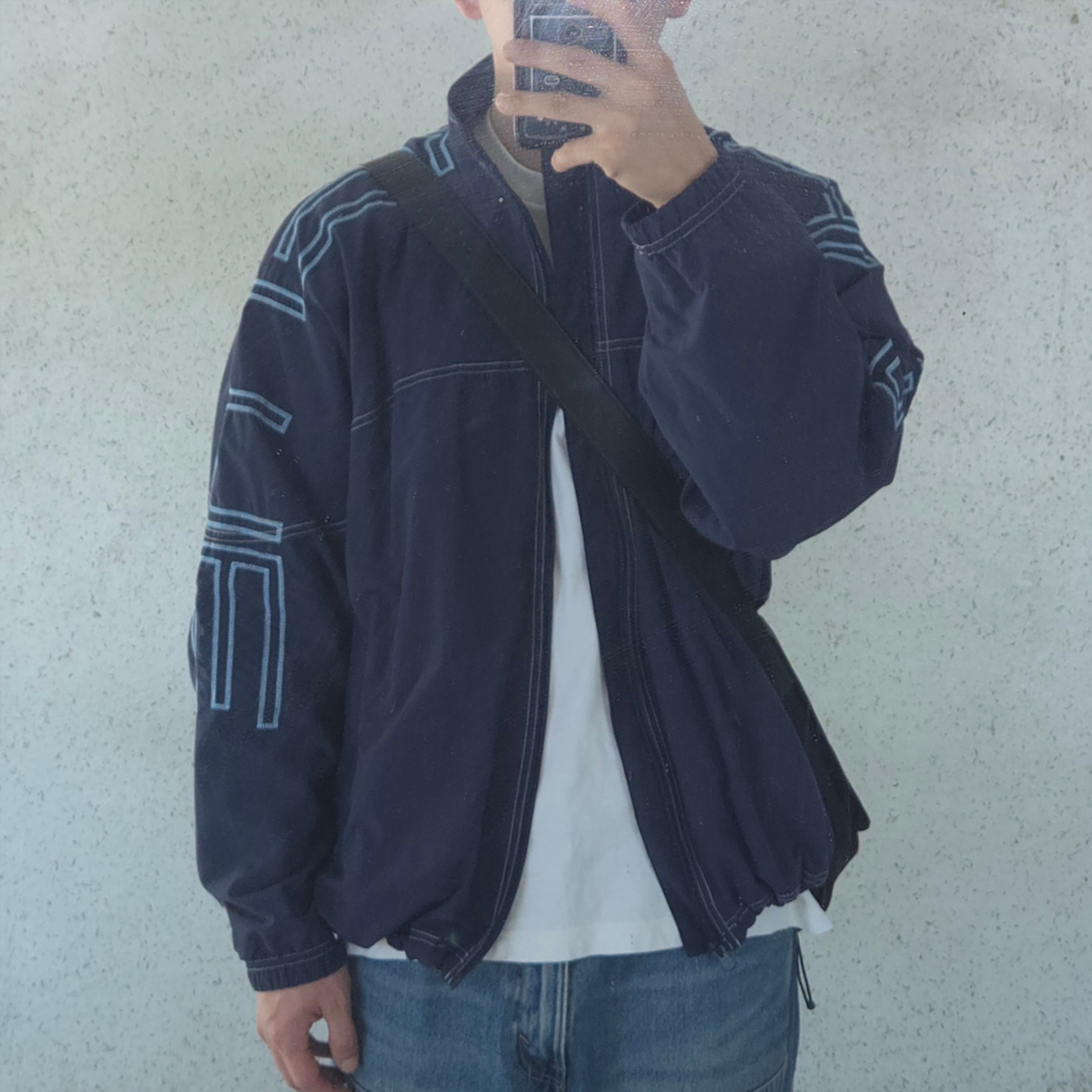 Supreme Spellout Embroidered Track Jacket Navy - 25SS 착용 스타일