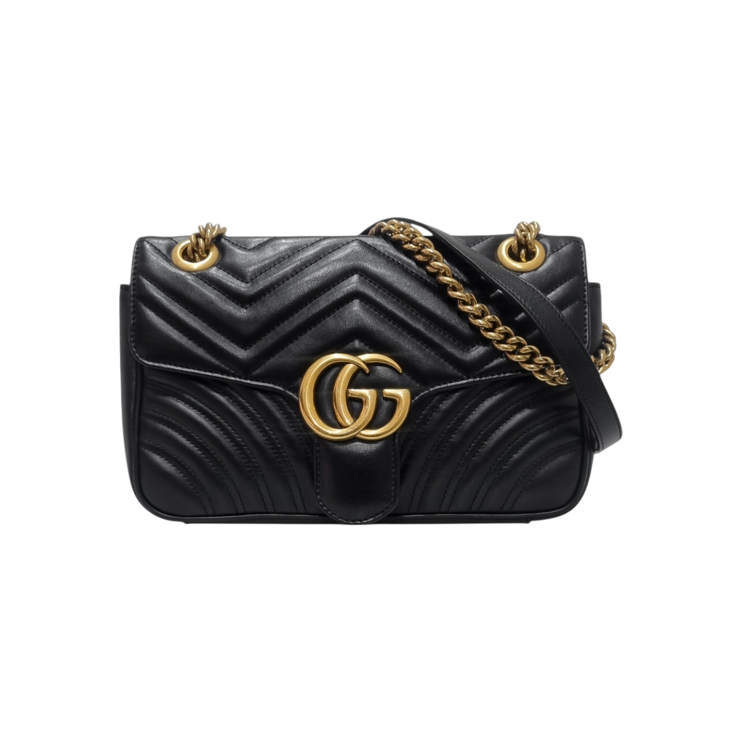 구찌 443497 GG마몬트 마틀라세 스몰 블랙 레더 금장 체인 숄더백(Gucci 443497 GG Marmont Matelasse Small Black Leather Gold Chain Shoulder Bag)