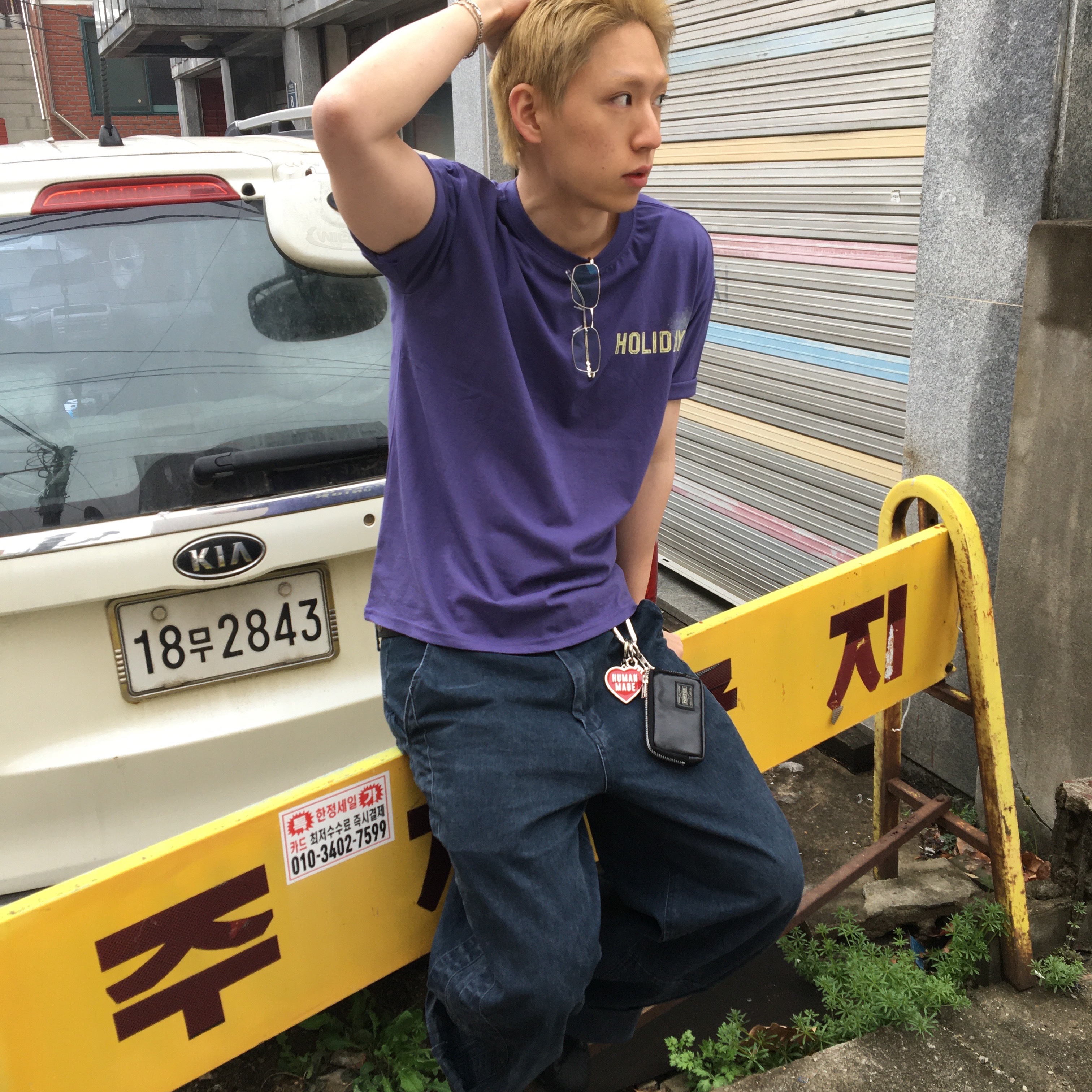 AMOU Holiday Half T- Shirts Purple 착용 스타일 - 6