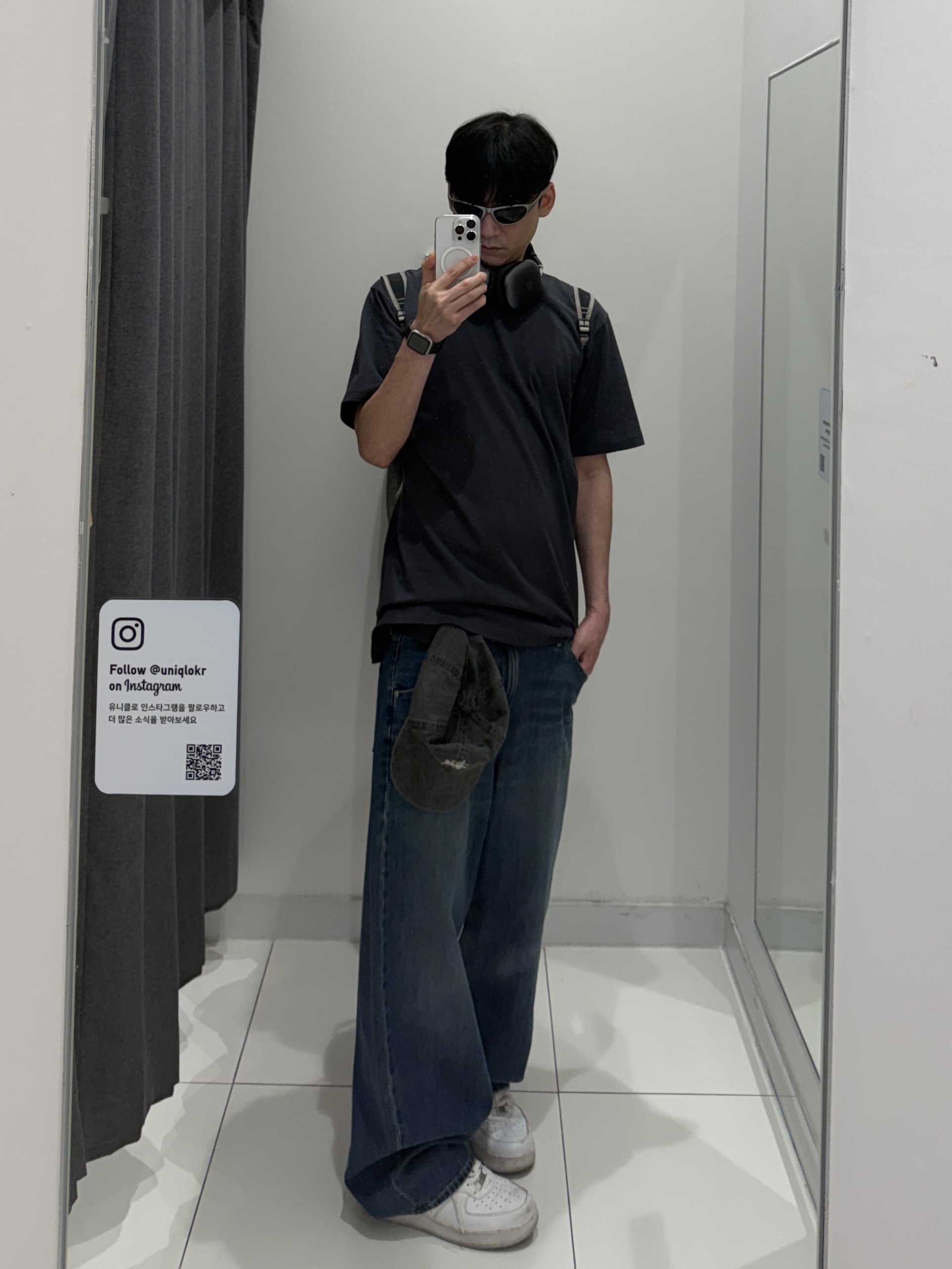 Nike x Supreme Air Force 1 Low White, (W) Uniqlo Baggy Curve Jeans Short Blue - JP 착용 스타일 - 3