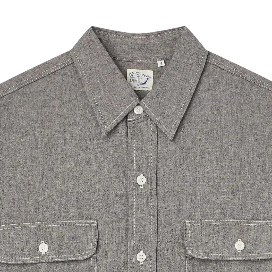 오어슬로우 쇼트 슬리브 그레이 샴브레이 워크 셔츠 위드 플랩 포켓 그레이 - 26SS(Orslow Short Sleeve Gray Chambray Work Shirt With Flap Pocket Gray - 26SS) - 3