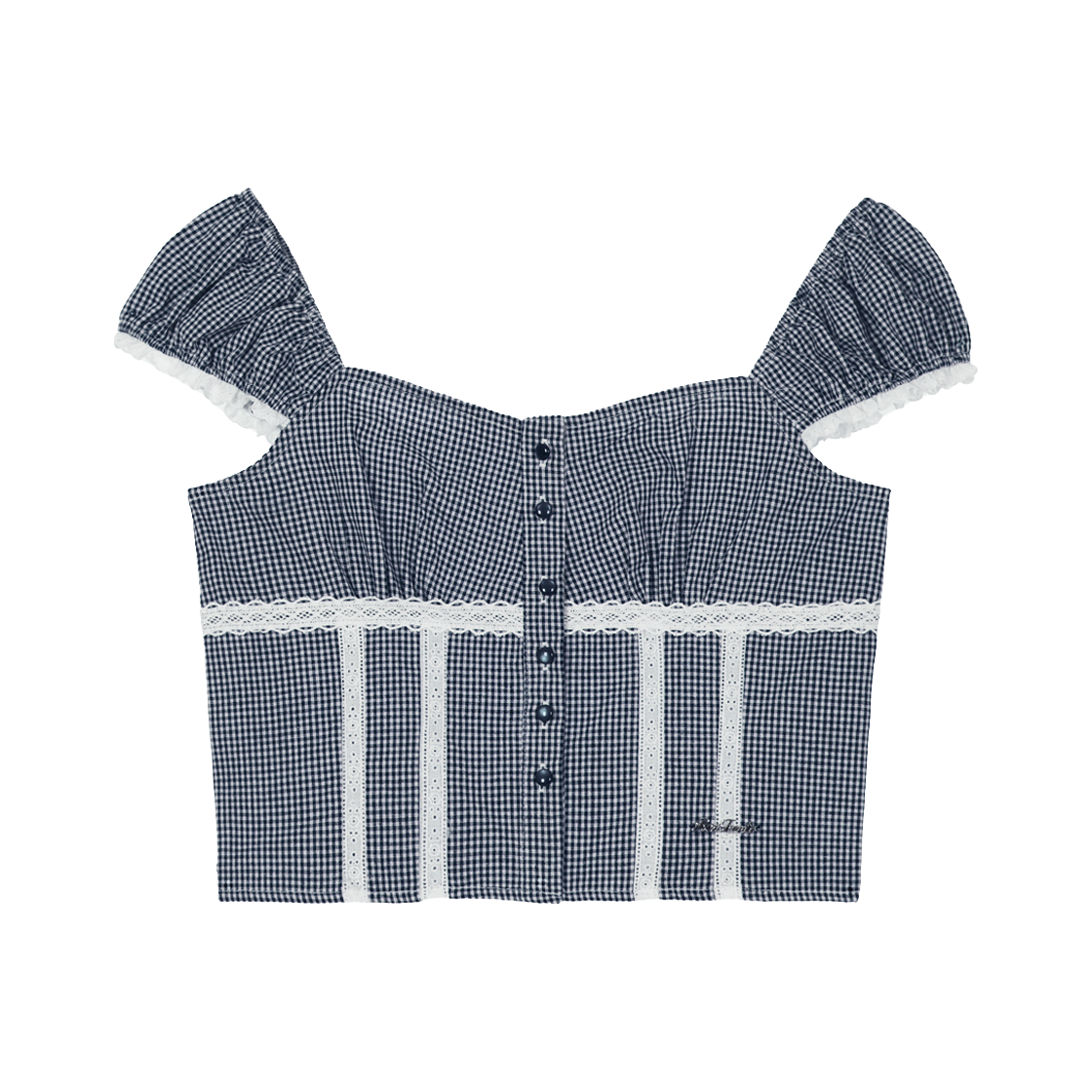 로제프란츠체크 셔링 크롭 블라우스 네이비(Rosefrantz Check Shirring Crop Blouse [Navy])