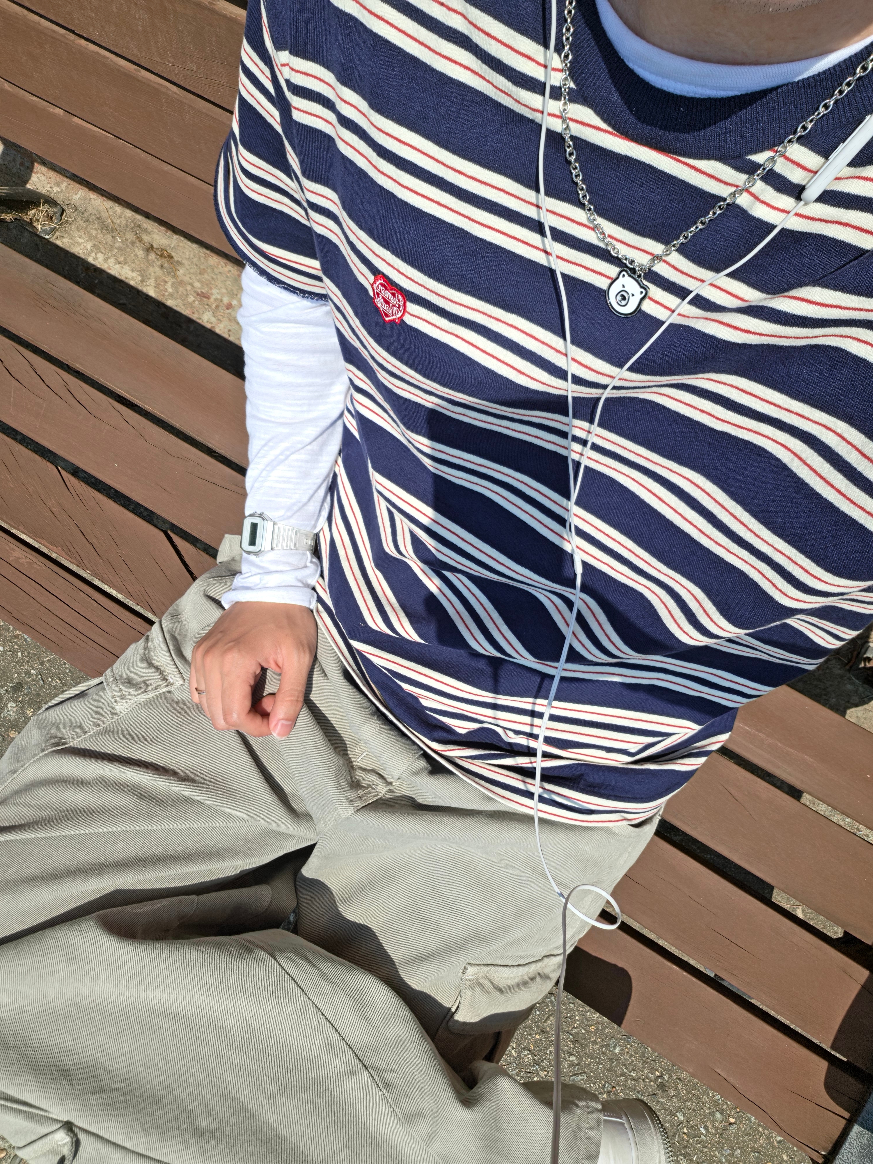 Human Made Striped T-Shirt Navy, Human Made Animal Necklace Bear White 착용 스타일