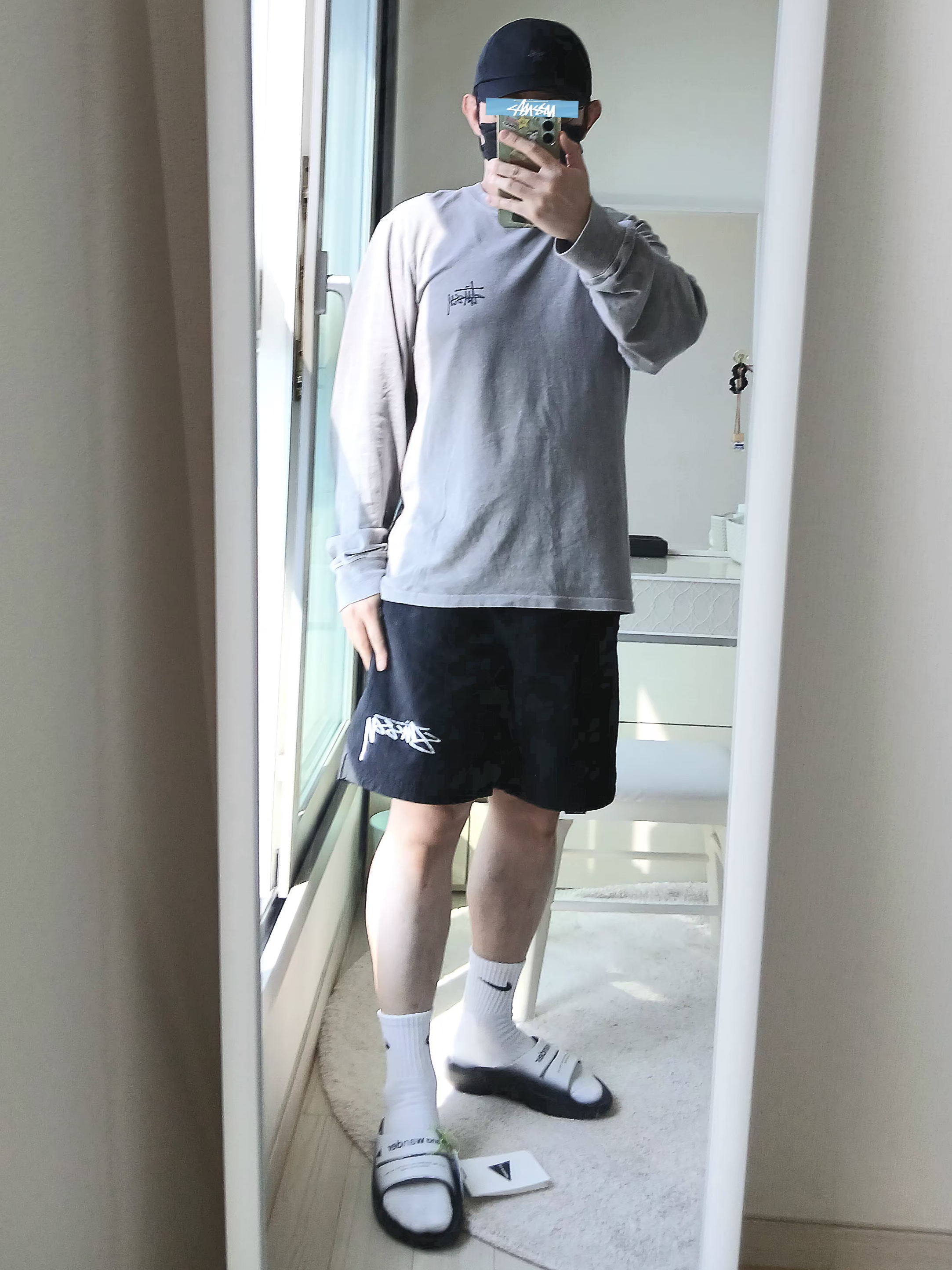 Stussy Basic Stussy Pigment Dyed LS T-Shirt Grey 2022, Nike x Stussy Shorts Black (FJ9167-010) 착용 스타일 - 9