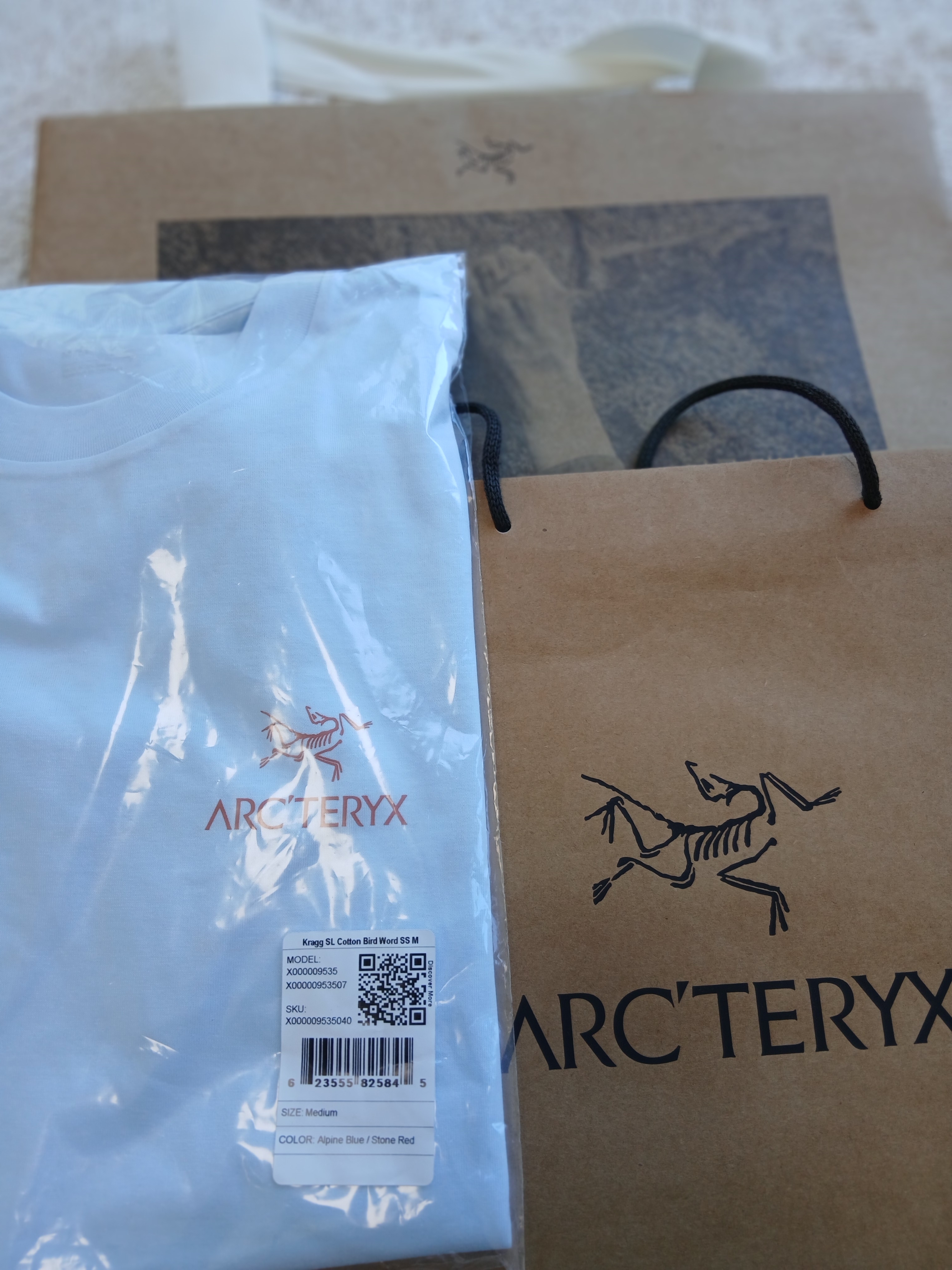 Arc'teryx Kragg SL Cotton Bird Word SS T-Shirt Alpine Blue Stone Red 착용 스타일 - 3