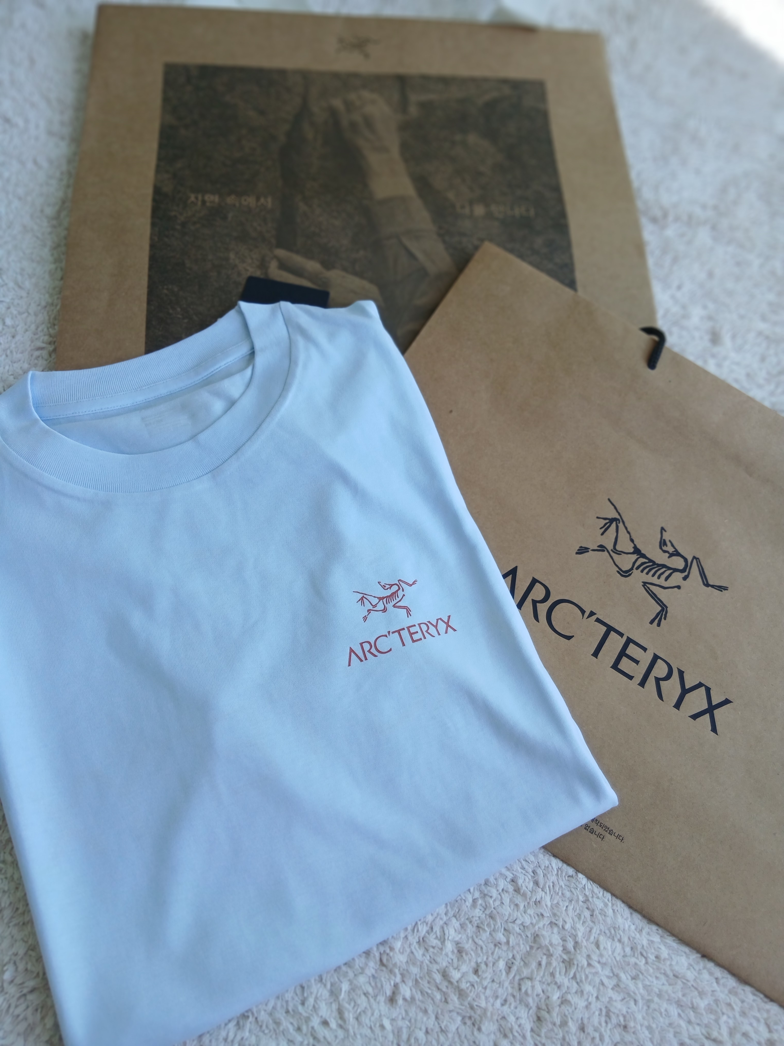 Arc'teryx Kragg SL Cotton Bird Word SS T-Shirt Alpine Blue Stone Red 착용 스타일 - 2