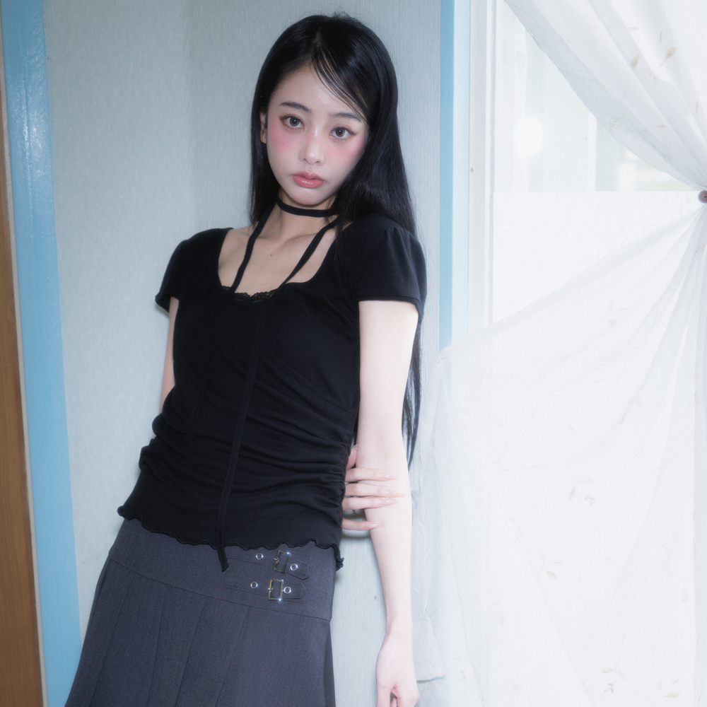 로제프란츠 코사지 셔링 타이 티셔츠 블랙(Rosefrantz Corsage Shirring Tie T-shirt [Black]) - 5