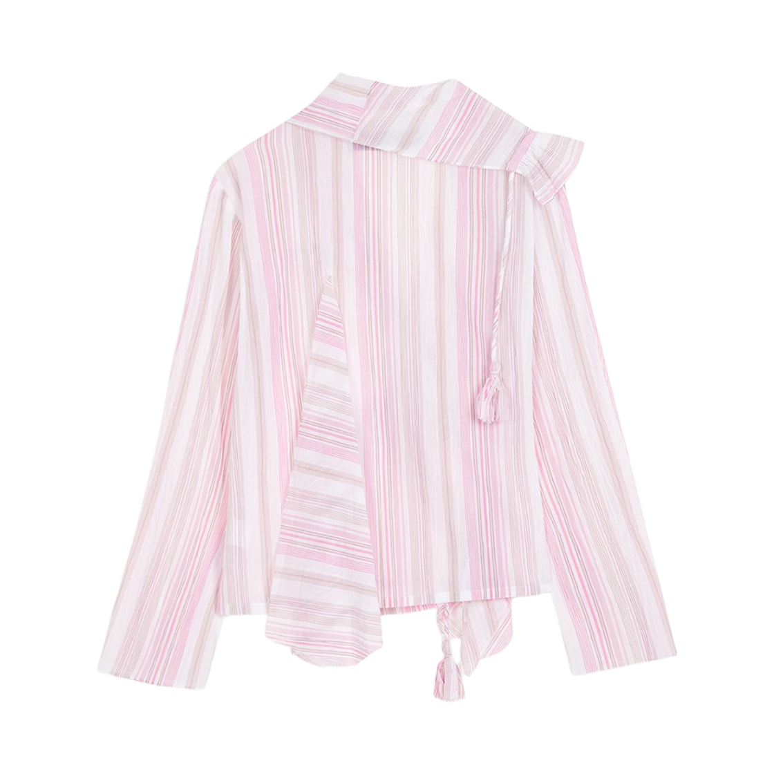 (W) 오픈 Yy 언밸런스드 러플 스트라이프 블라우스 핑크((W) Open Yy Unbalanced Ruffle Stripe Blouse Pink) - 2
