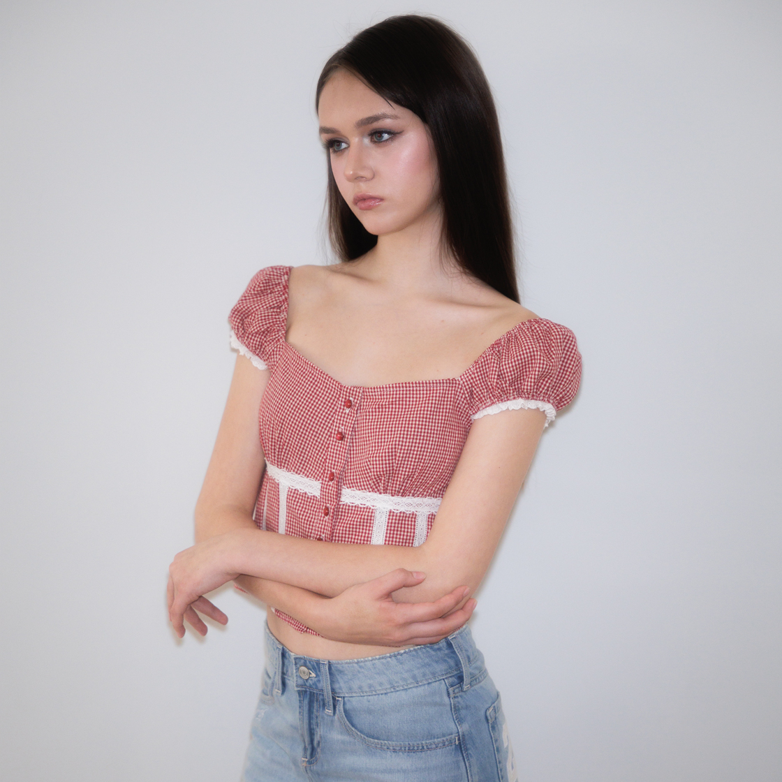 로제프란츠체크 셔링 크롭 블라우스 레드(Rosefrantz Check Shirring Crop Blouse [Red]) - 6