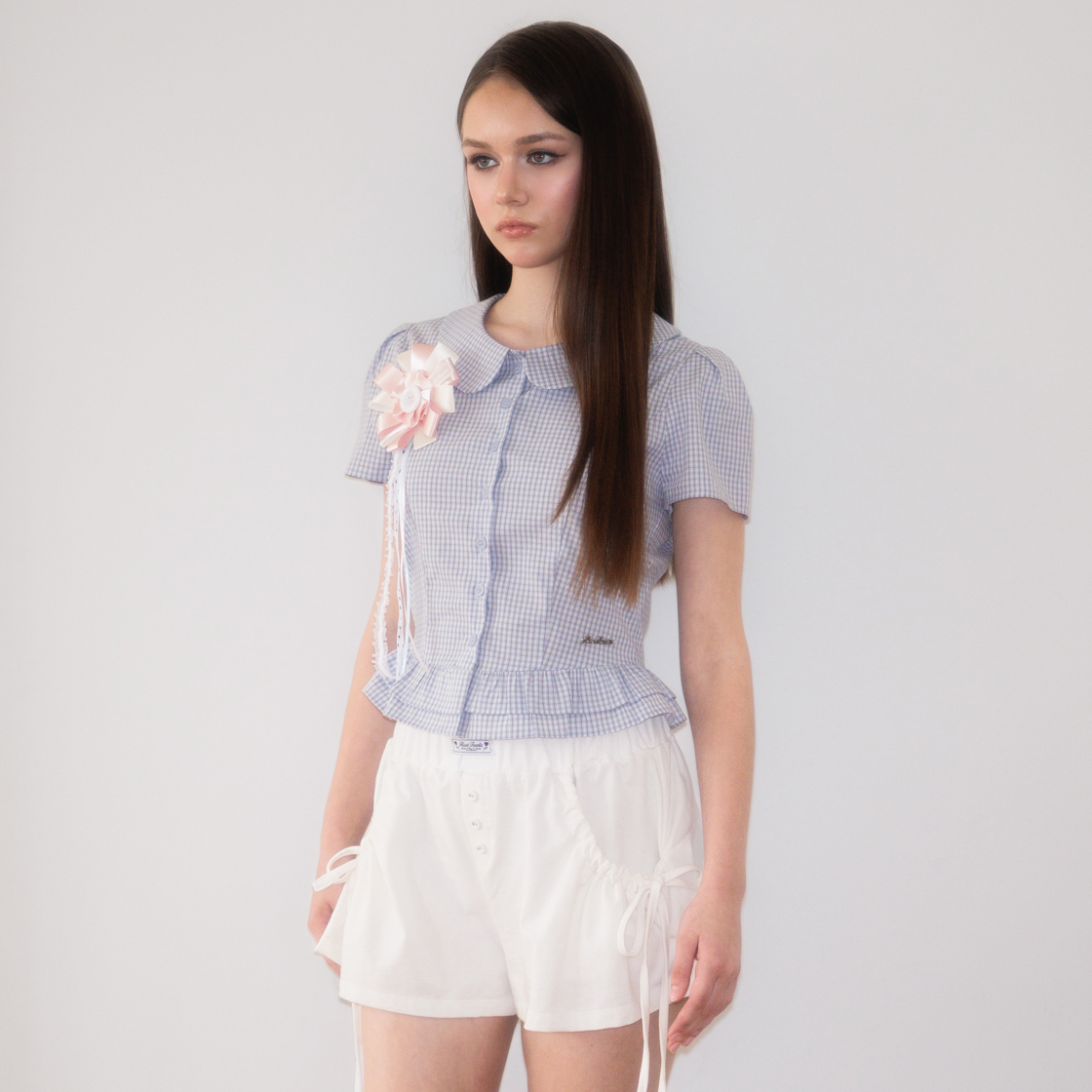 로제프란츠퍼프 슬리브 페플럼 체크 블라우스 스카이블루(Rosefrantz Puff Sleeve Peplum Check Blouse [Sky Blue]) - 6