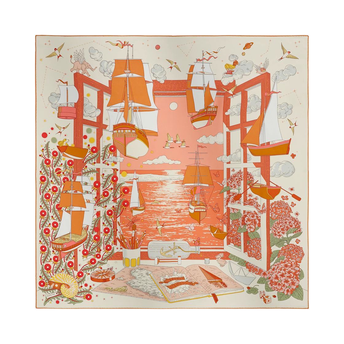 H004300S02 (W) Hermes L'Esprit S'Envole Scarf 90 Silk Twill & Creme Orange Cuit Vert Amande