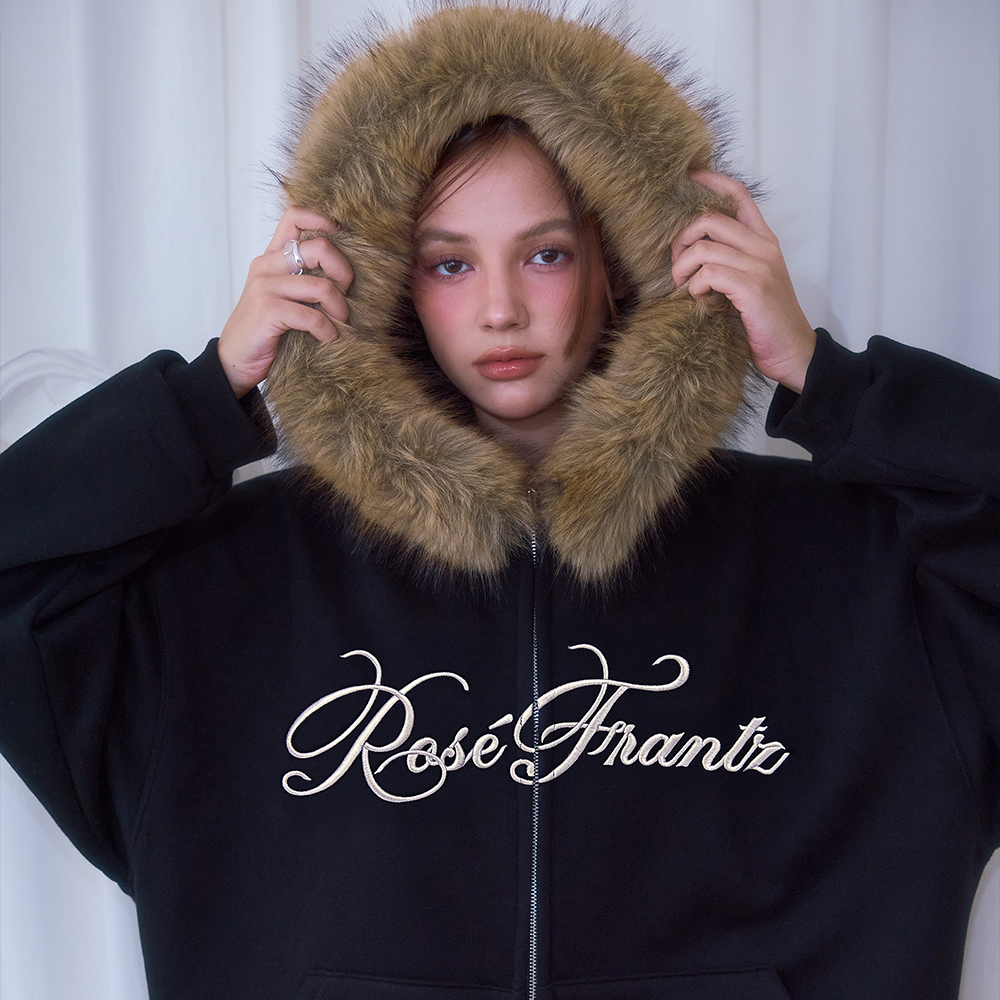 로제프란츠 퍼 오버핏 레터링 후드 집업 블랙 | Rosefrantz | KREAM