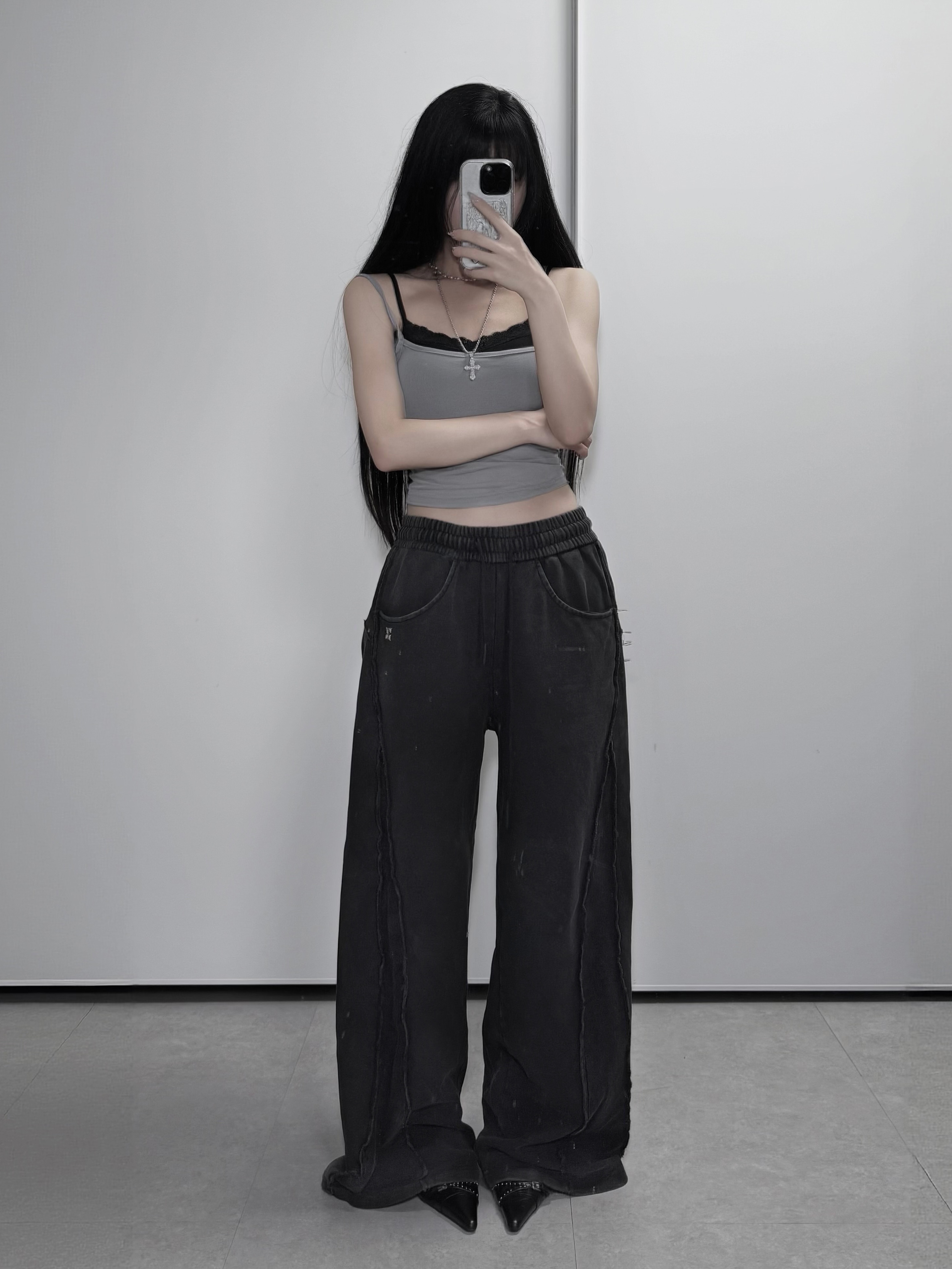 PHOS333 W Vintage Washed Wide Sweatpants 착용 스타일 - 1