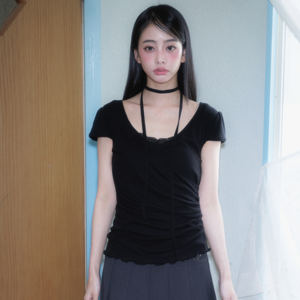 로제프란츠 코사지 셔링 타이 티셔츠 블랙(Rosefrantz Corsage Shirring Tie T-shirt [Black]) - 4