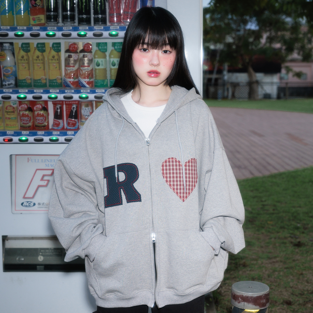 로제프란츠 하트 체크 오버핏 후드 집업 그레이(Rosefrantz Heart Check Overfit Hood Zip-Up [Gray]) - 3