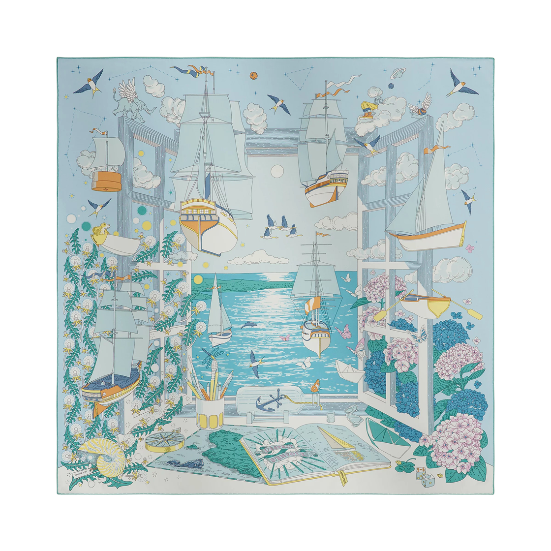 H004300S05 (W) Hermes L'Esprit S'Envole Scarf 90 Silk Twill & Bleu Ciel Aqua Jaune
