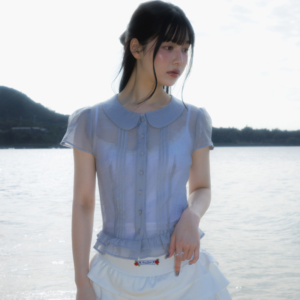 로제프란츠 시스루 플리츠 반팔 블라우스 스카이 블루(Rosefrantz See-through Pleat Short Sleeved Blouse [Sky Blue]) - 4